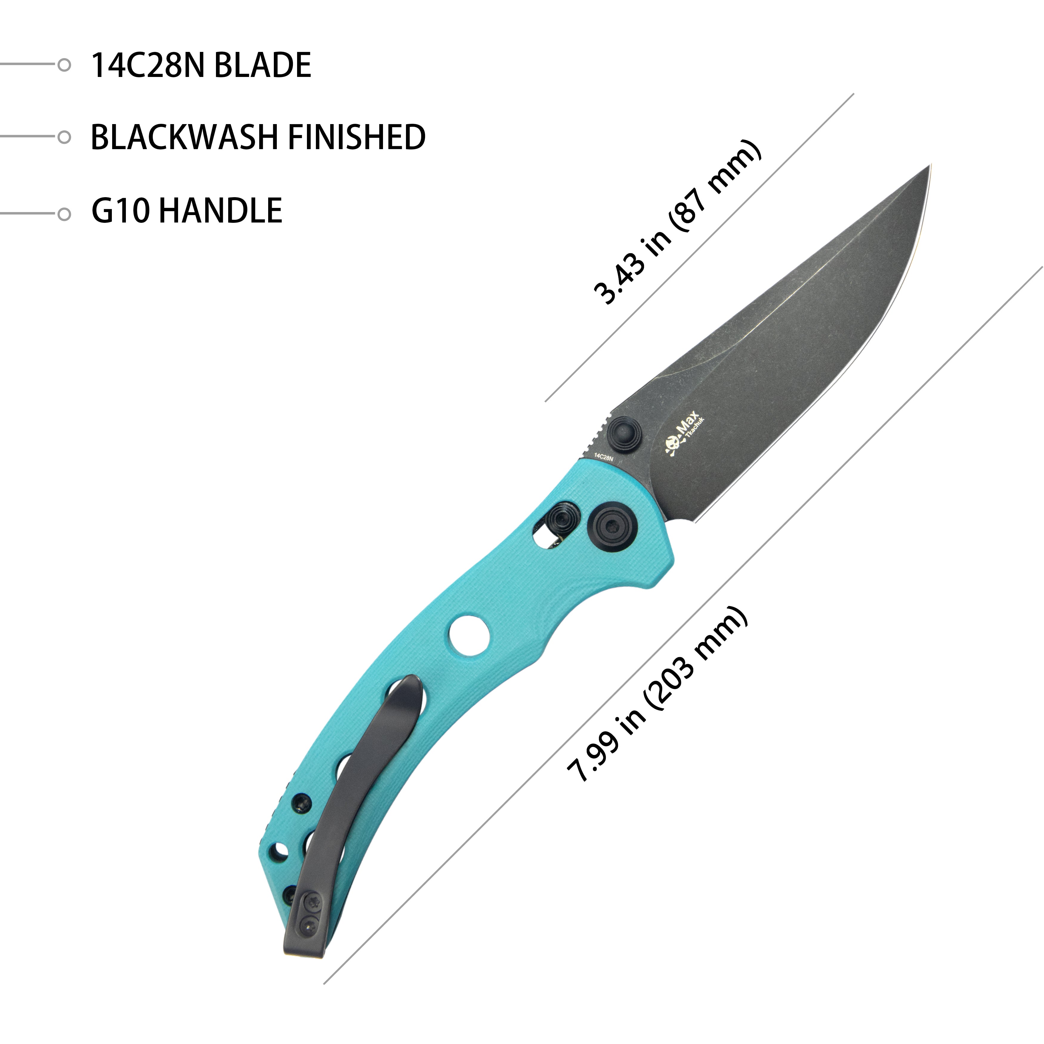Kubey Hound Crossbar Lock Folding Pocket Knife Tiffany Blue G-10 Handle 3.43" Blackwash 14C28N Blade KU172D