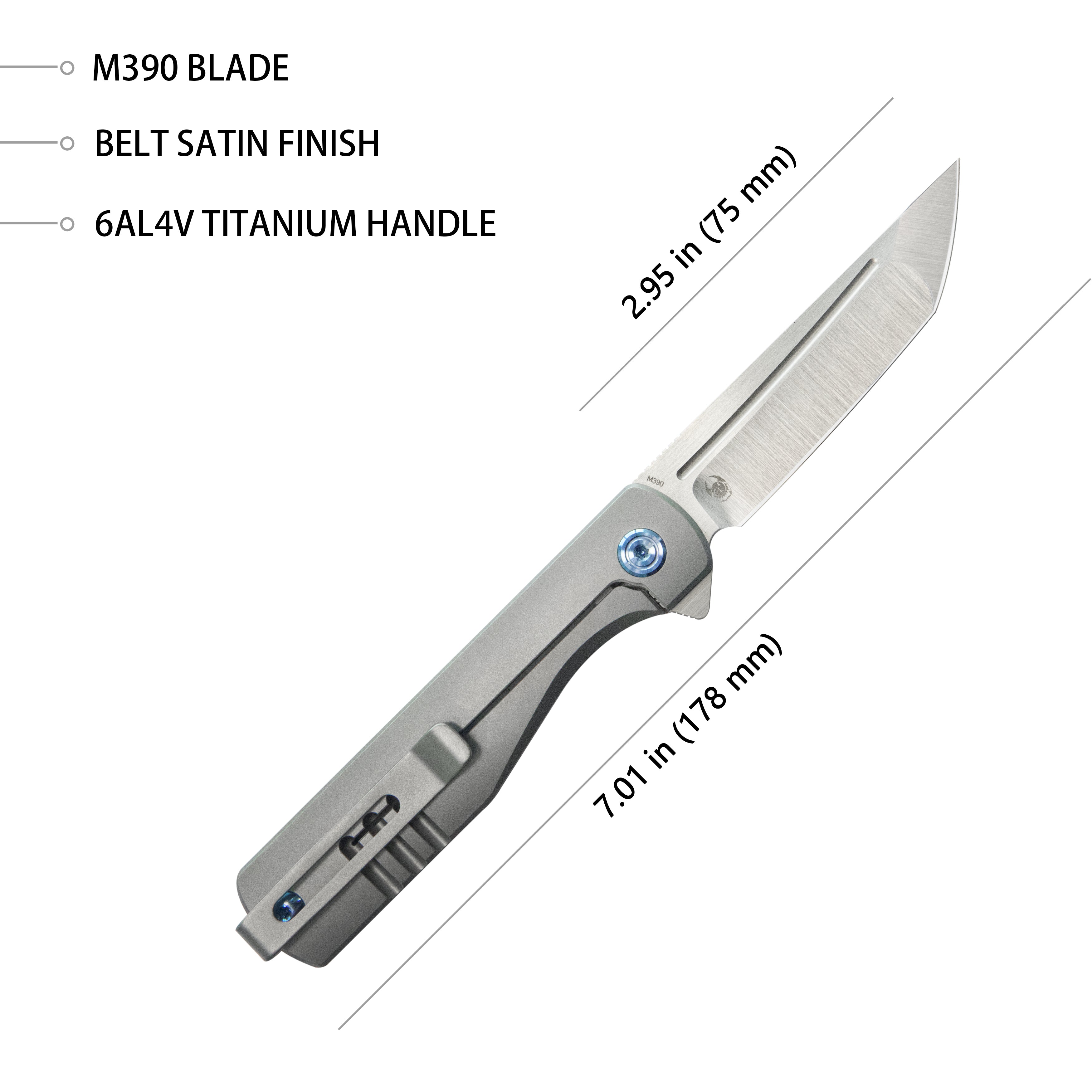 Kubey Musō Flipper Everyday Carry Knife Grey Titanium Handle 2.95" Tanto Belt Satin M390 Blade KB244A