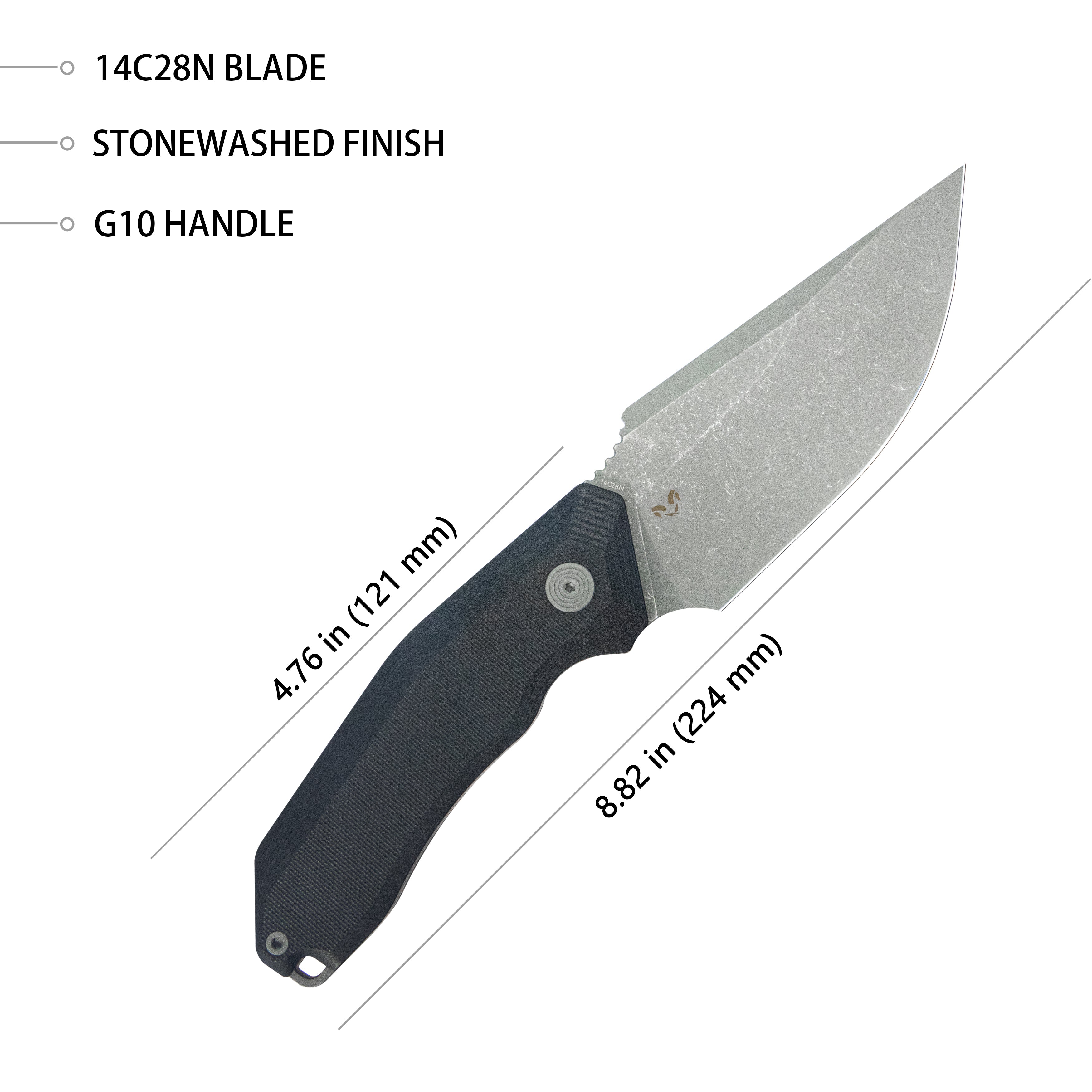 Kubey Basilisk Fixed Blade Knife Black G-10 Handle 4.06'' Stonewashed 14C28N Blade KU381A