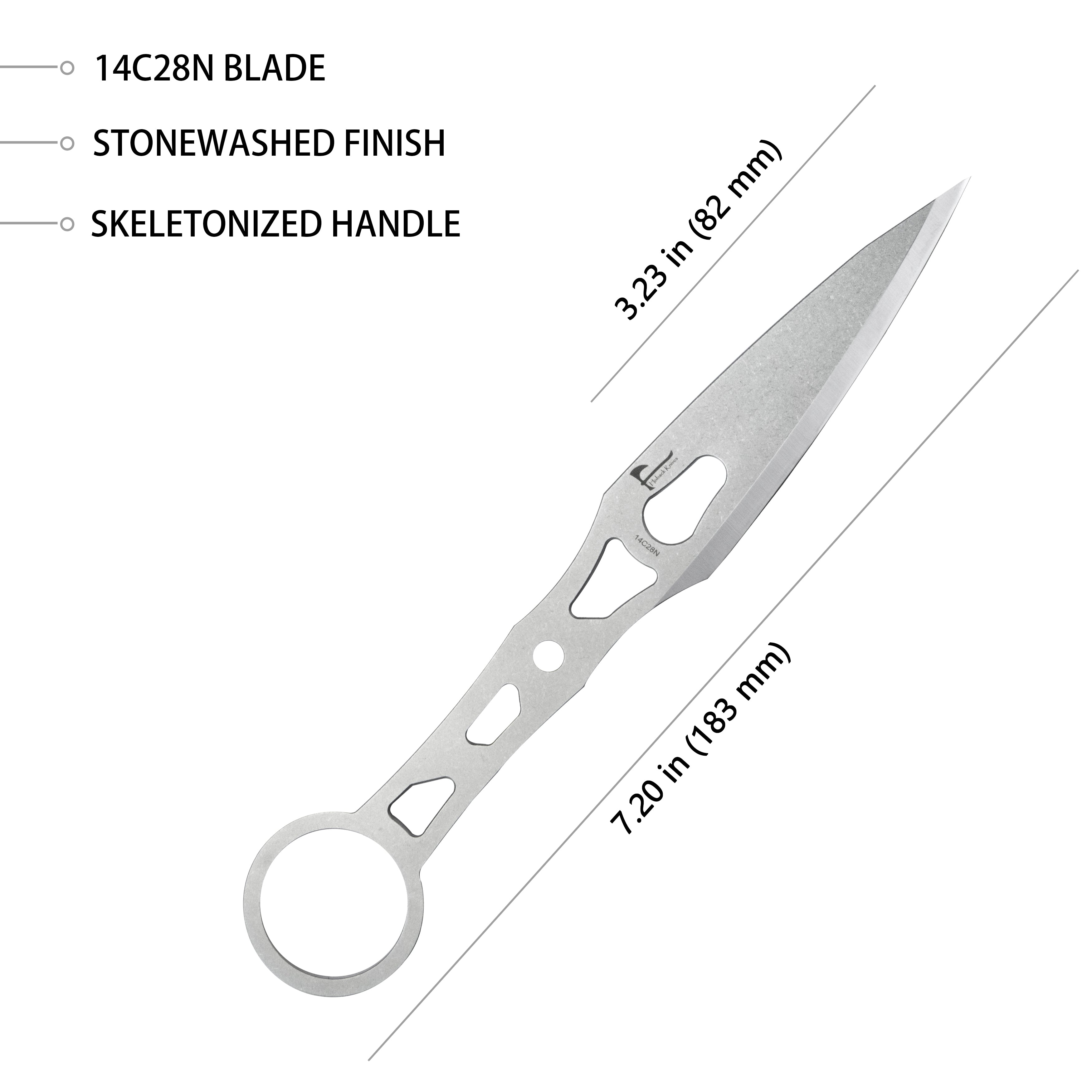 Kubey Jake Hoback Knives Kunai Fixed Gear Skeletonized Handle 3.23'' Stonewashed 14C28N Blade KU401