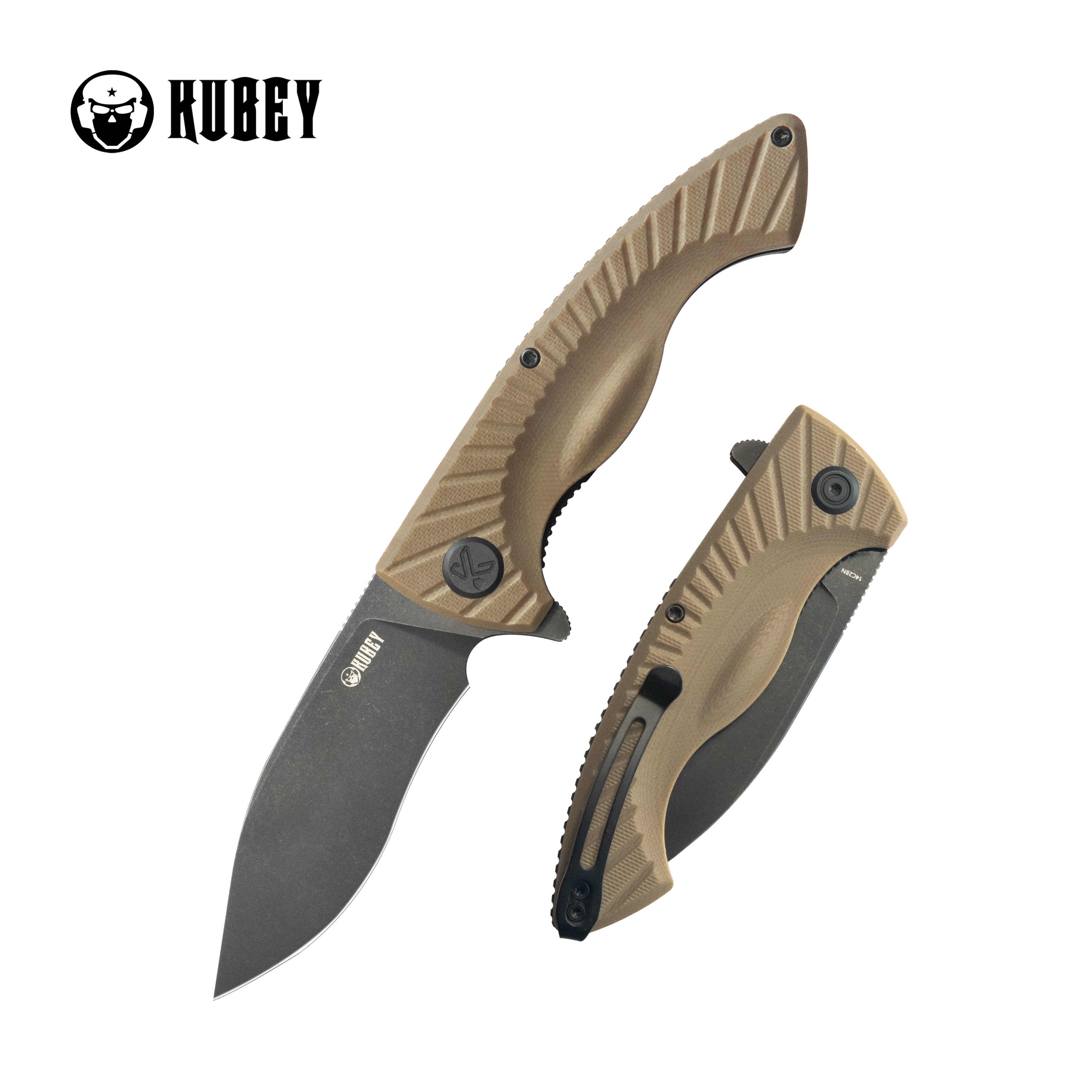 Kubey Timberwolf Flipper Outdoor Folding Knife Tan G-10 Handle 3.46" Blackwash 14C28N Blade KU208H