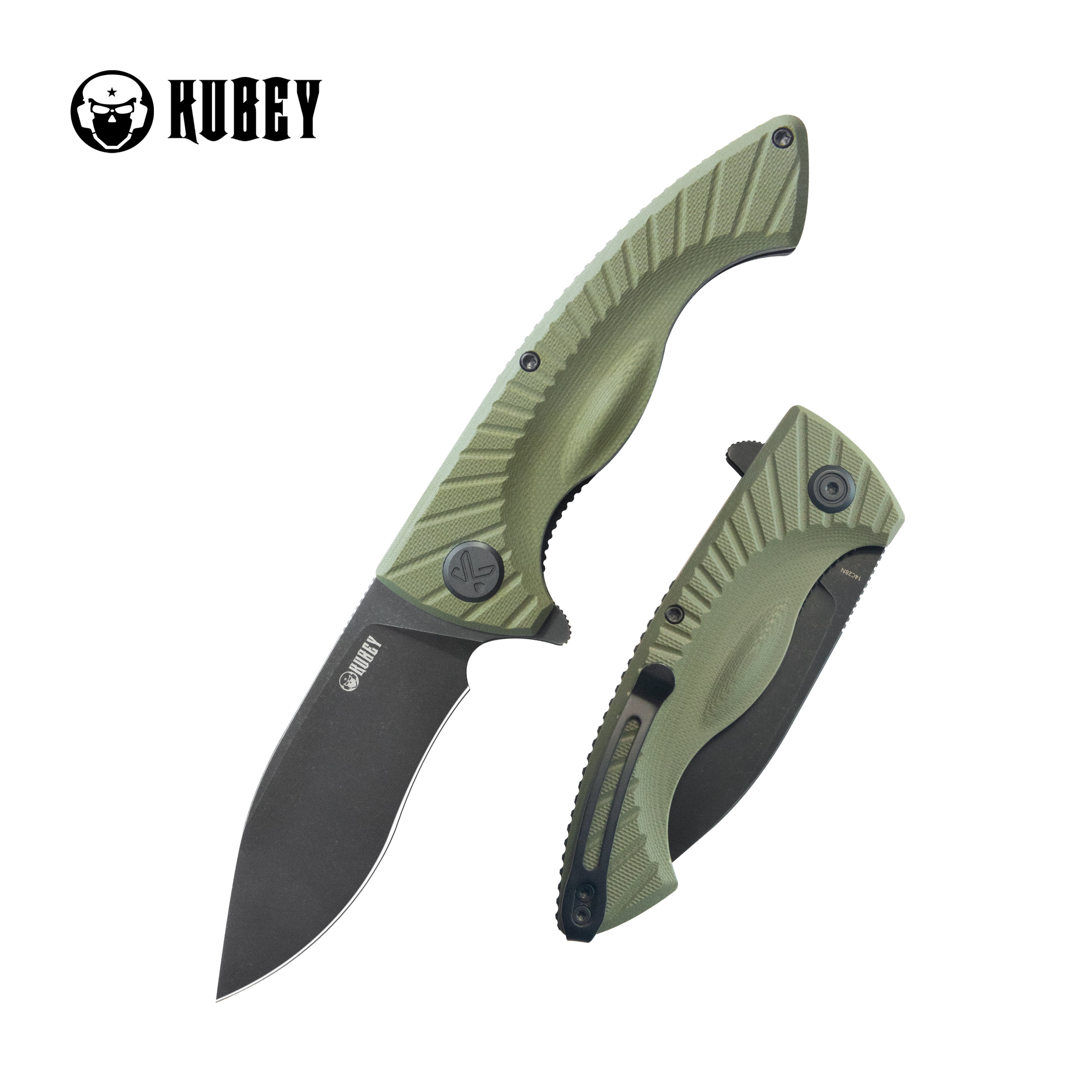 Kubey Timberwolf Flipper Outdoor Folding Knife Green G-10 Handle 3.46" Blackwash 14C28N Blade KU208J