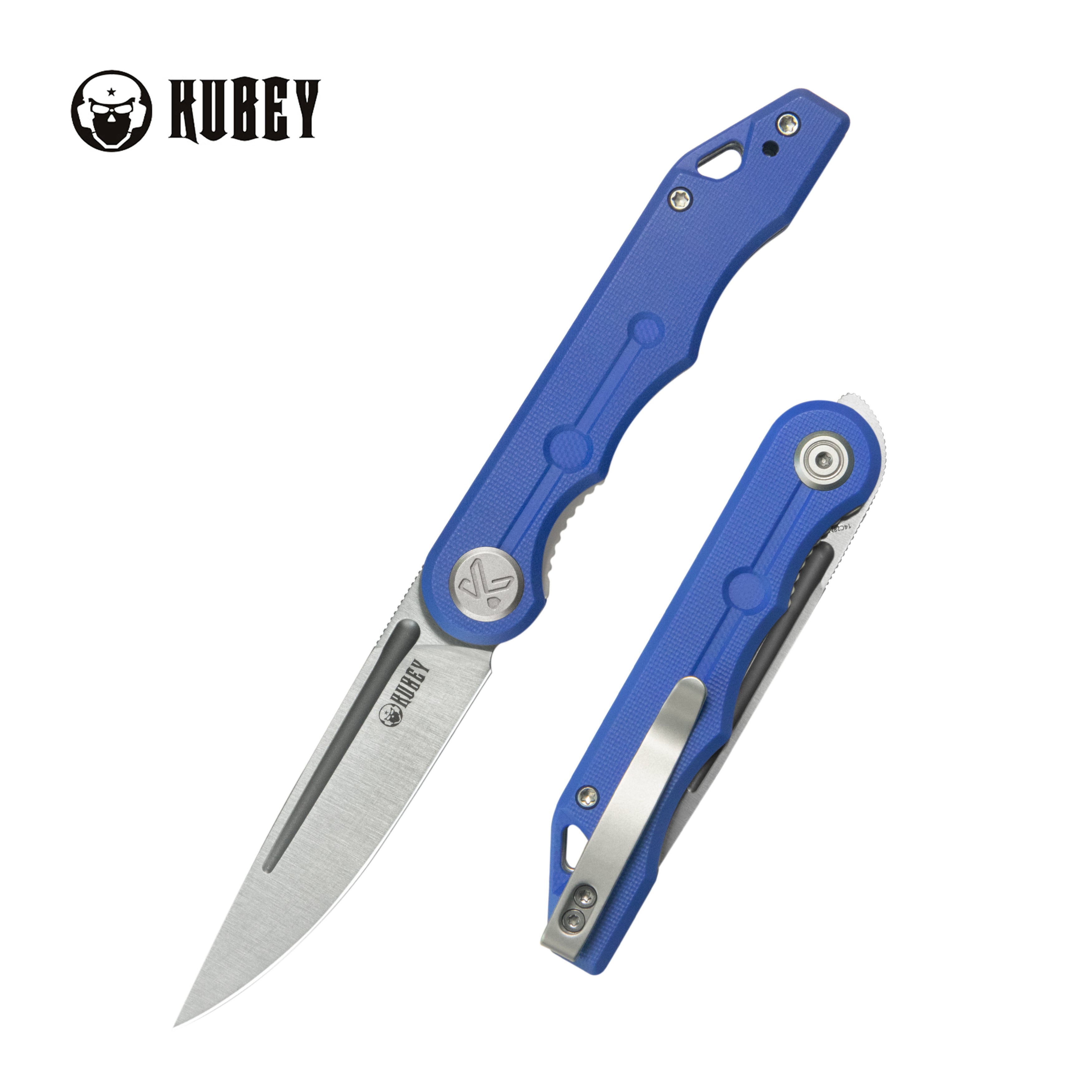 Kubey Mizo Liner Lock Front Flipper Folding Knife Blue G10 Handle 3.15" Satin 14C28N KU2101B