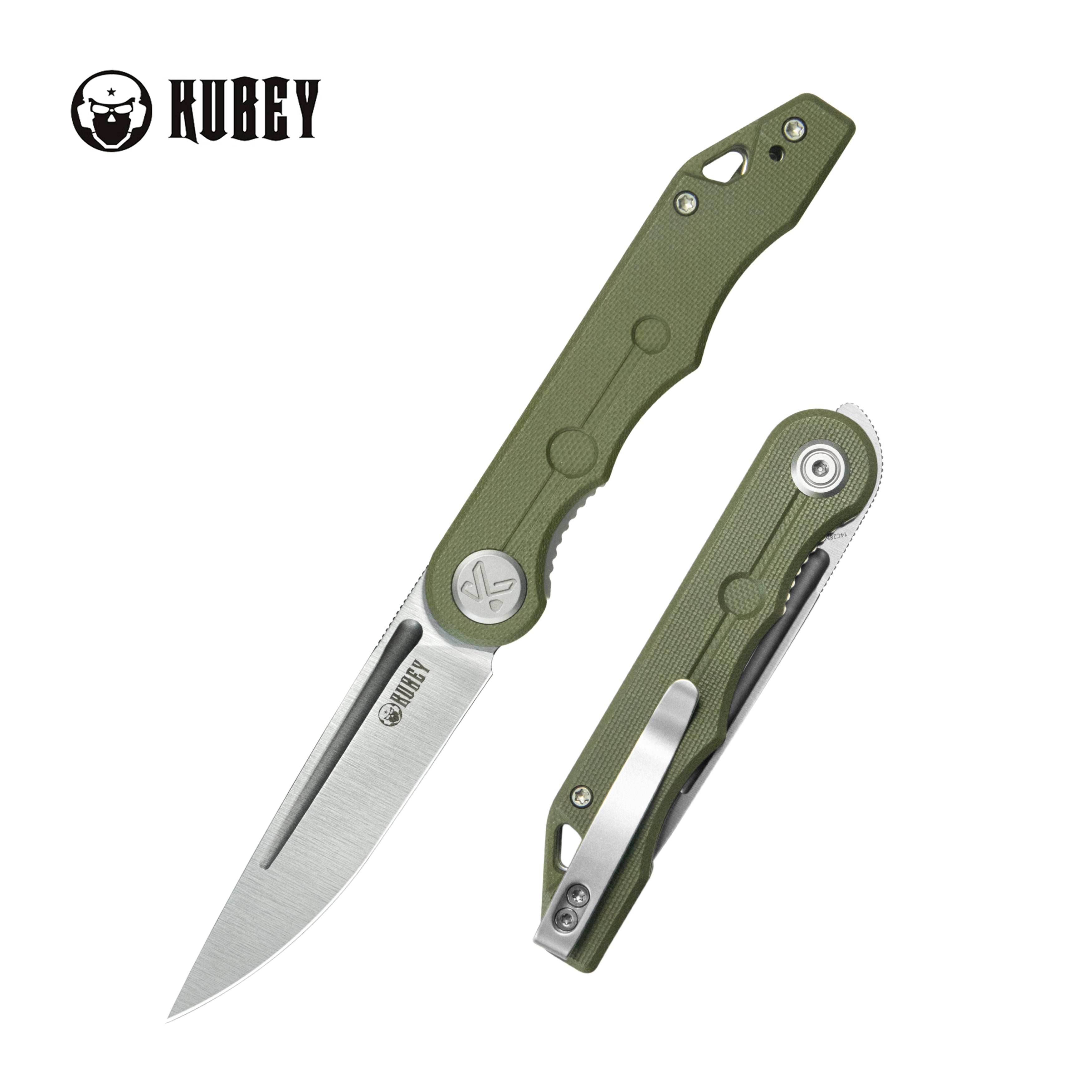 Kubey Mizo Liner Lock Front Flipper Folding Knife Green G10 Handle 3.15" Satin 14C28N KU2101D