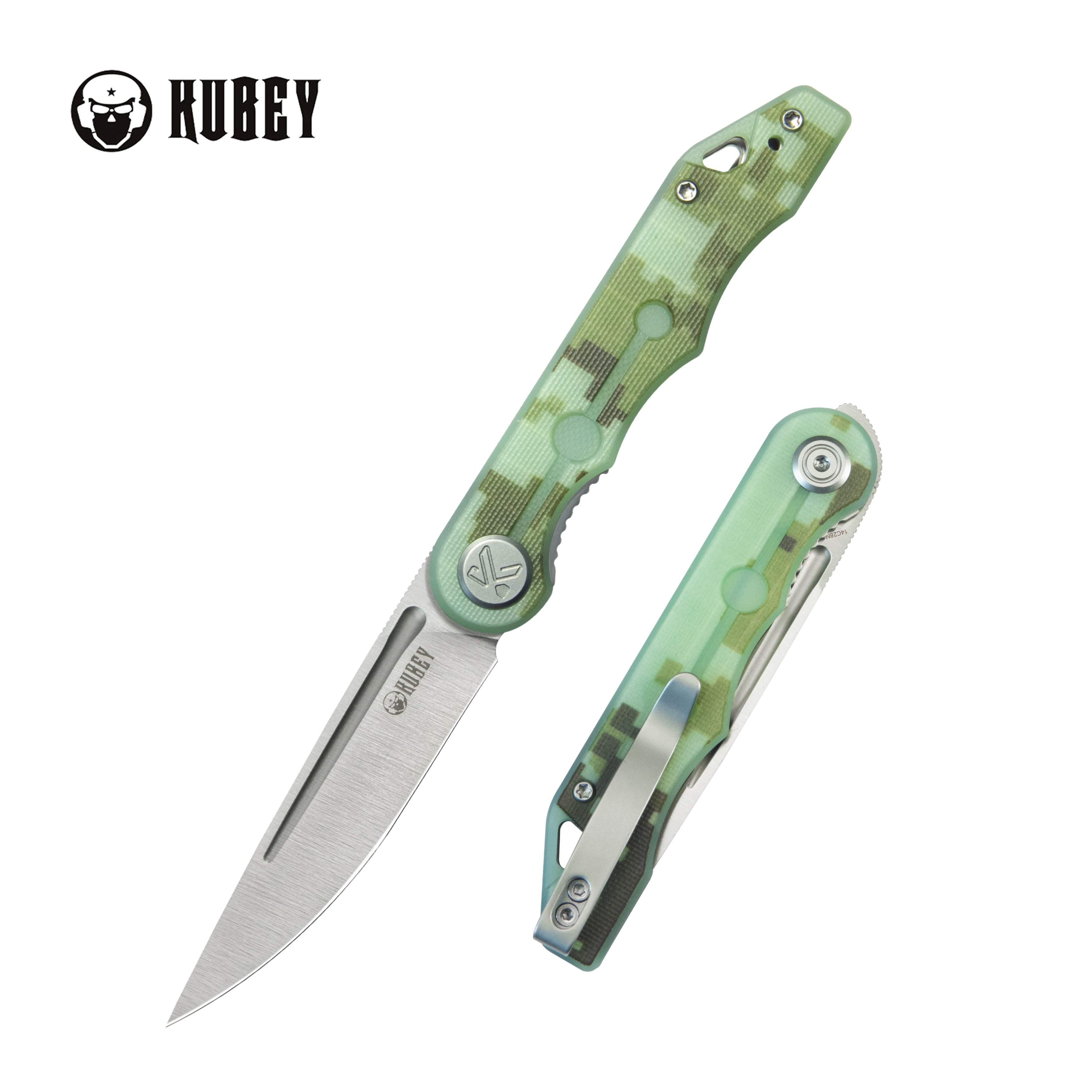 Kubey Mizo Liner Lock Front Flipper Folding Knife Camo G10 Handle 3.15" Satin 14C28N KU2101I