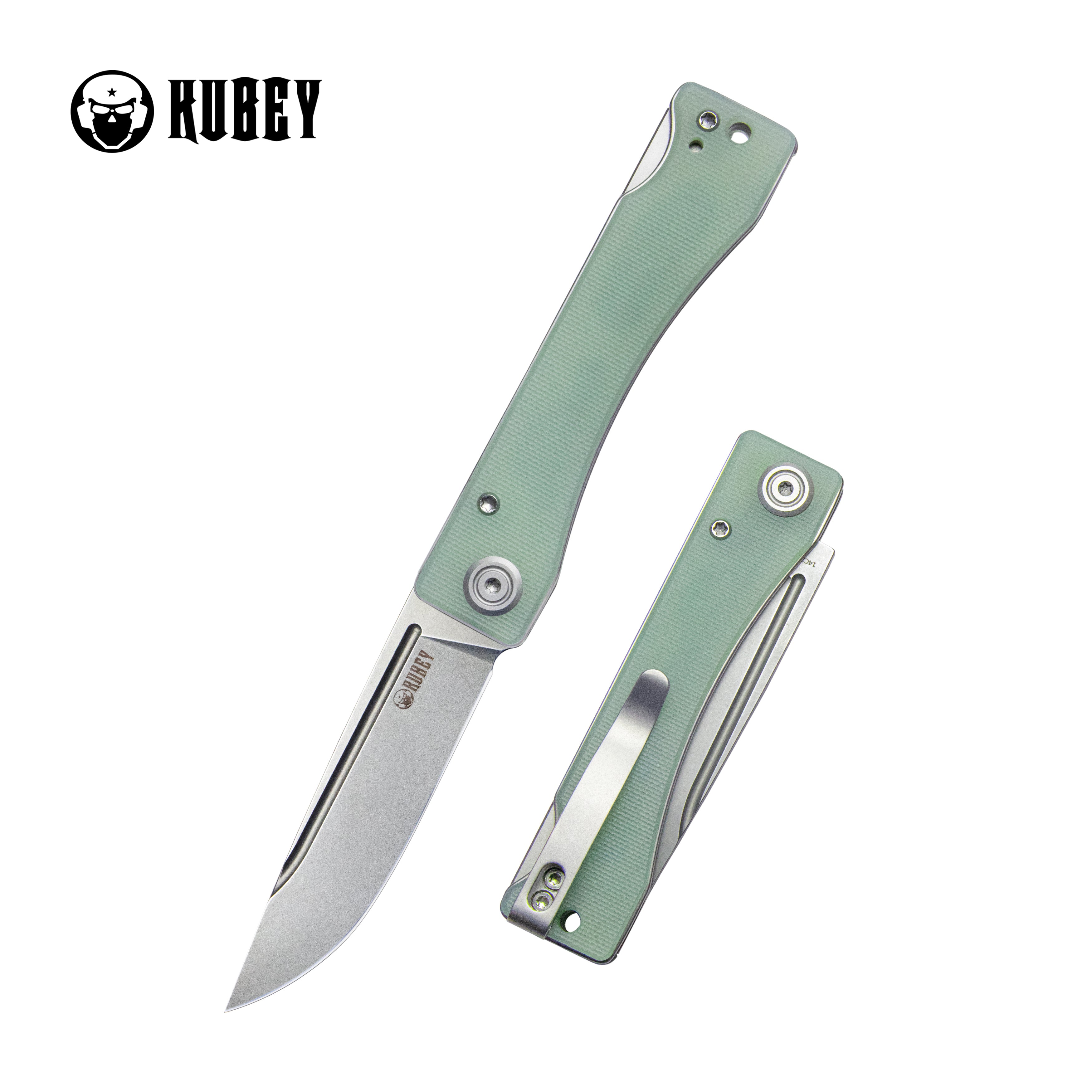 Kubey Akino Lockback Pocket Folding Knife Jade G10 Handle 3.15" Bead Blasted Sandvik 14C28N KU2102B