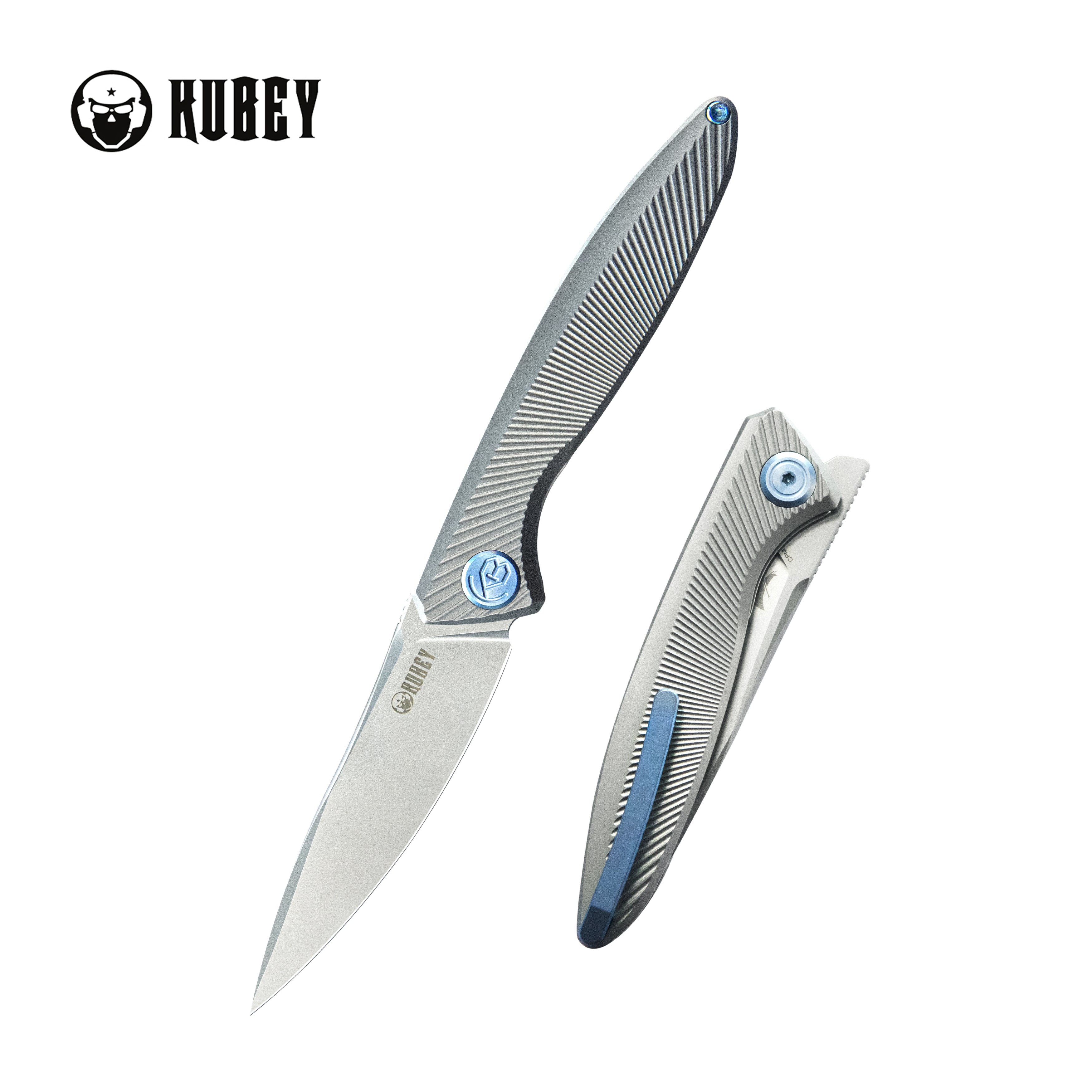 Kubey Pike Liner Lock Folding Knife Gray CPM-20CV Titanium Handle 2.87" Sand Blasted 6AL4V Titanium KB2103A