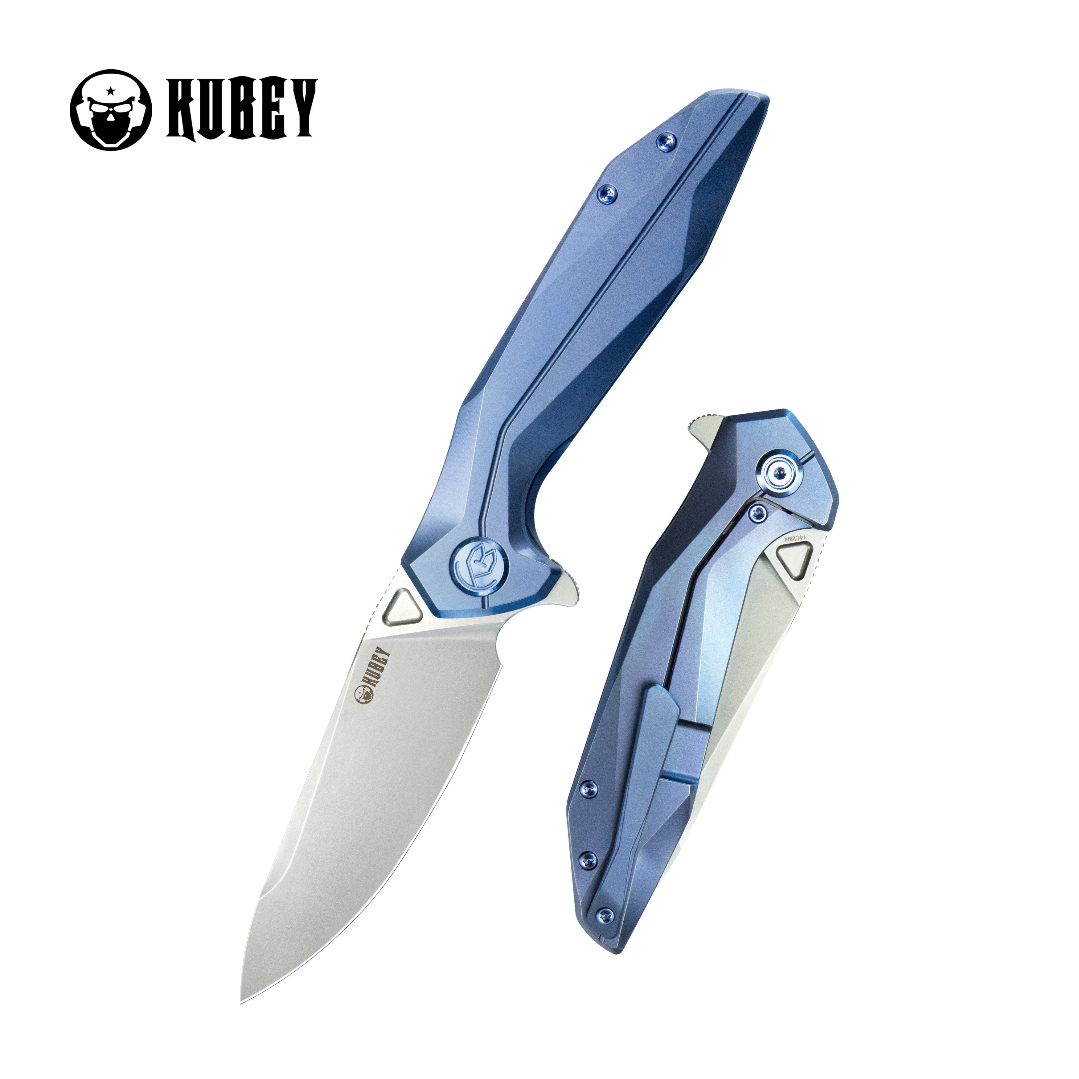 Kubey Nova Frame Lock Flipper Folding Knife Blue 6AL4V Titanium Handle 3.66" Bead Blasted 14C28N KB235C