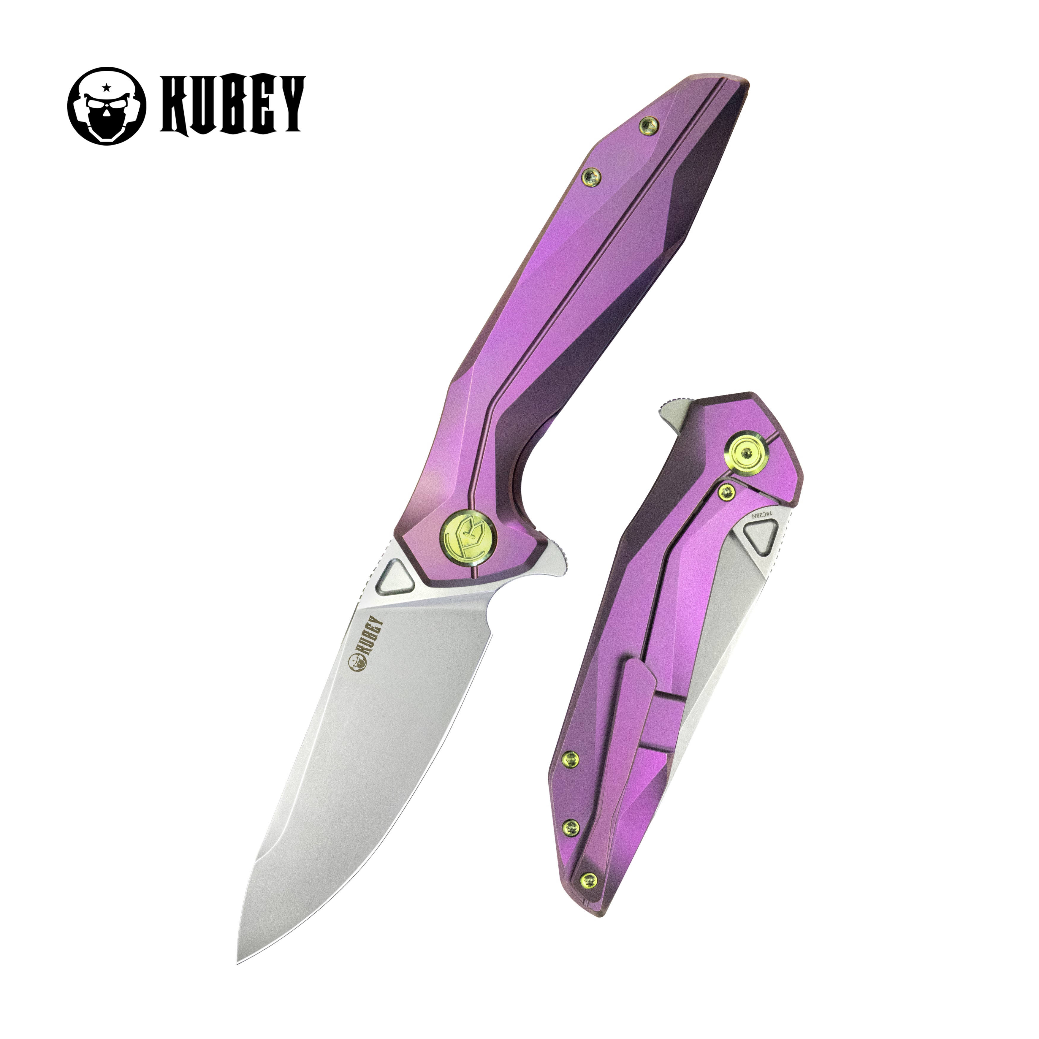 Kubey Nova Frame Lock Flipper Folding Knife Purple 6AL4V Titanium Handle 3.66" Bead Blasted 14C28N KB235D