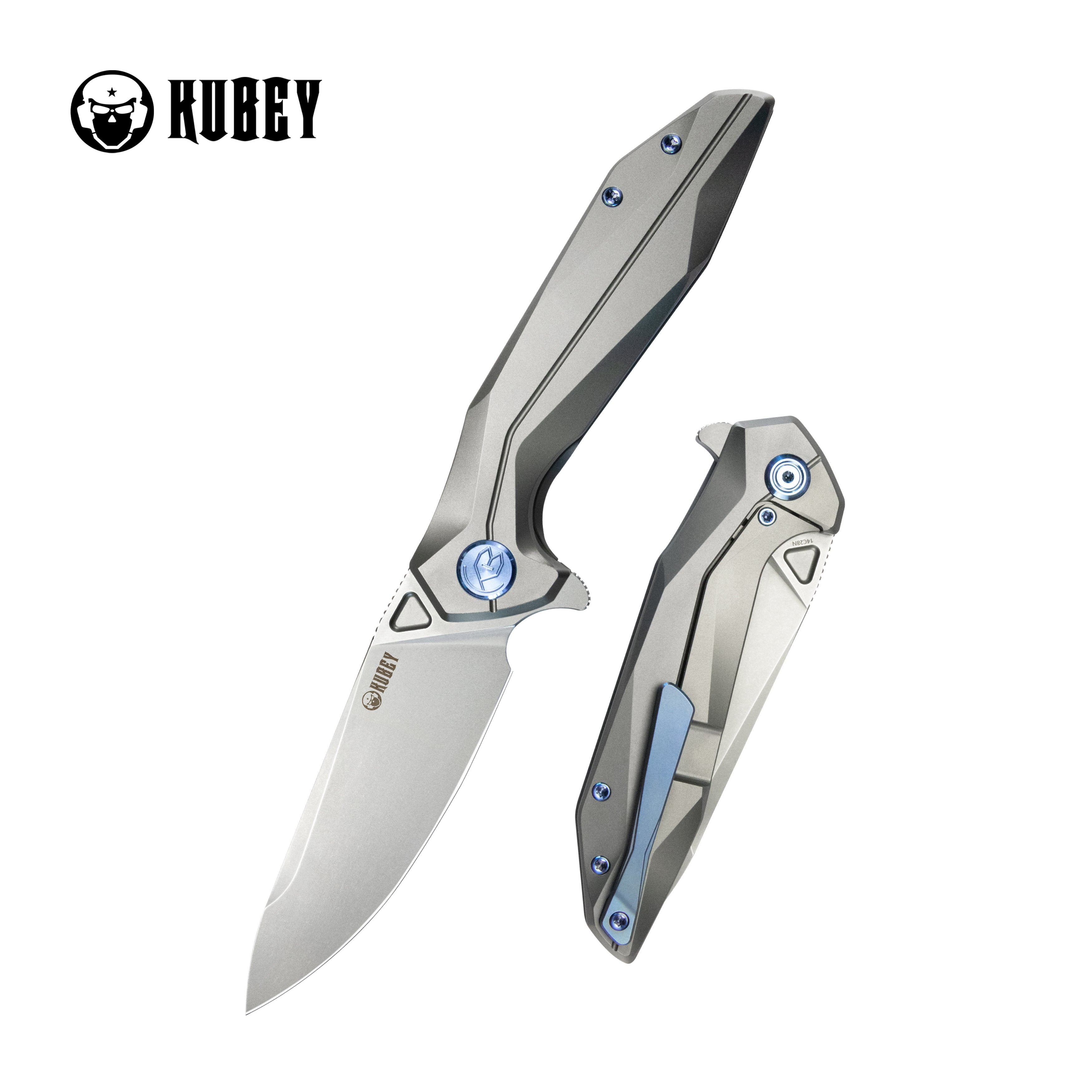 Kubey Nova Frame Lock Flipper Folding Knife Gray 6AL4V Titanium Handle 3.66" Bead Blasted 14C28N KB235F