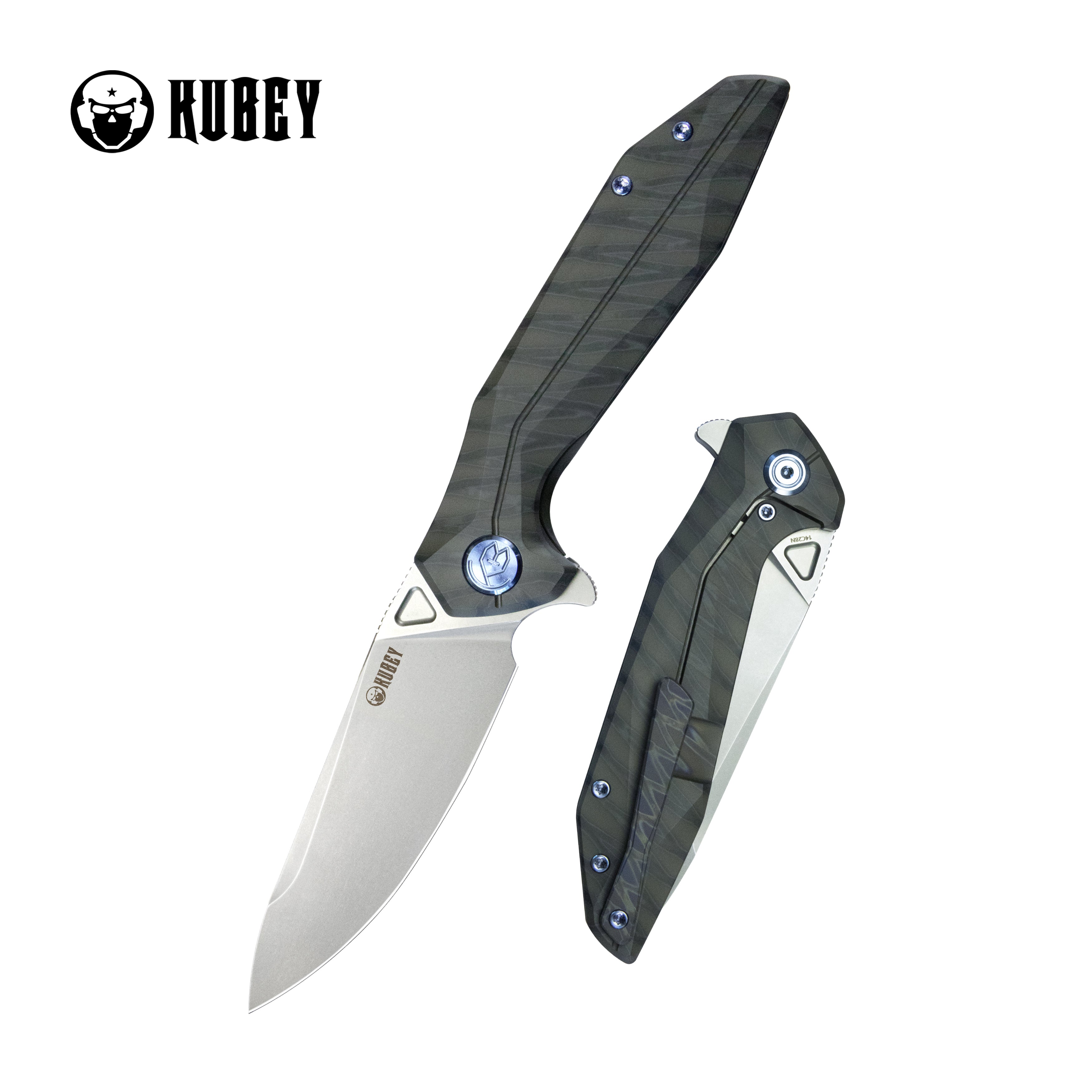 Kubey Nova Frame Lock Flipper Folding Knife Flame 6AL4V Titanium Handle 3.66" Bead Blasted 14C28N KB235G