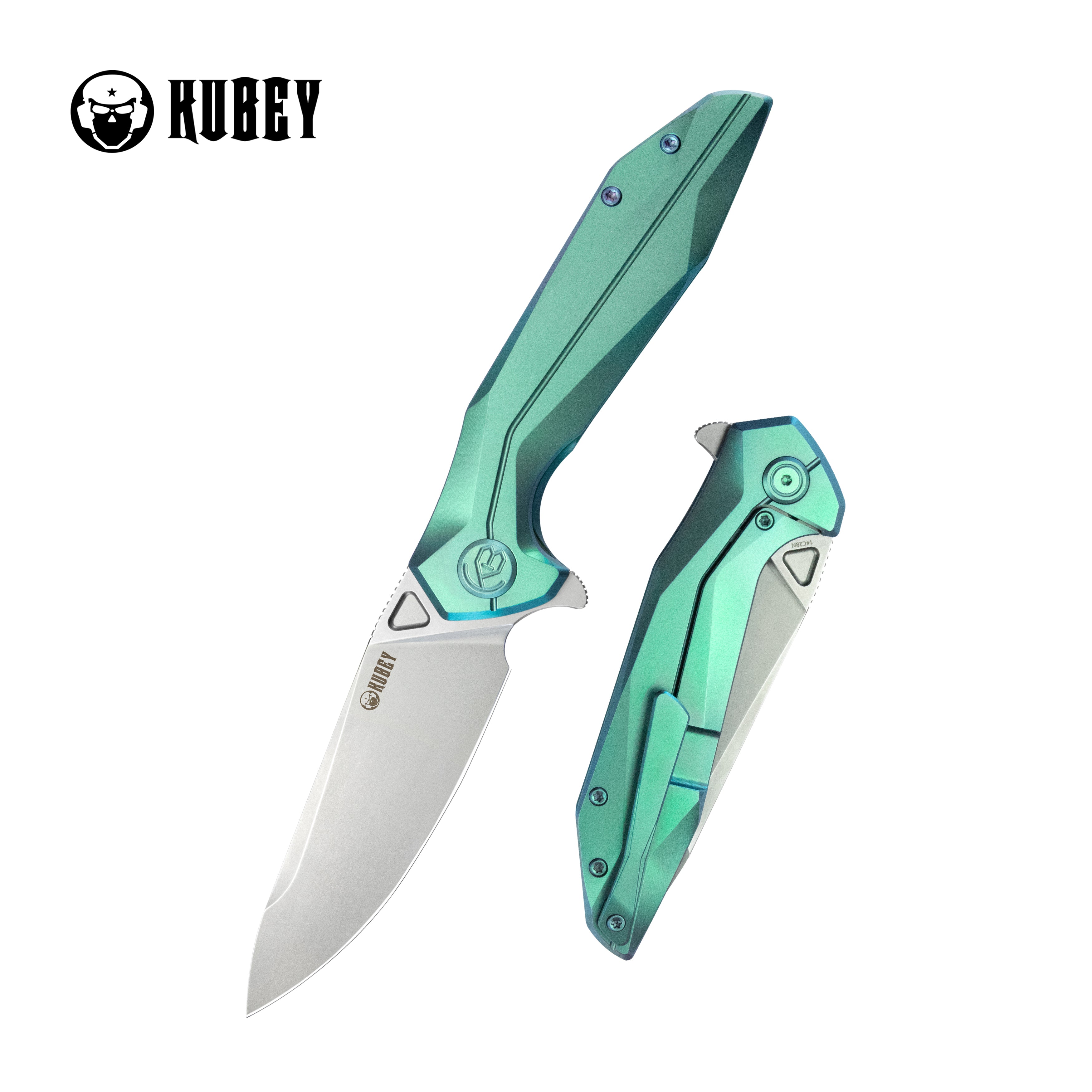 Kubey Nova Frame Lock Flipper Folding Knife Green 6AL4V Titanium Handle 3.66" Bead Blasted 14C28N KB235H
