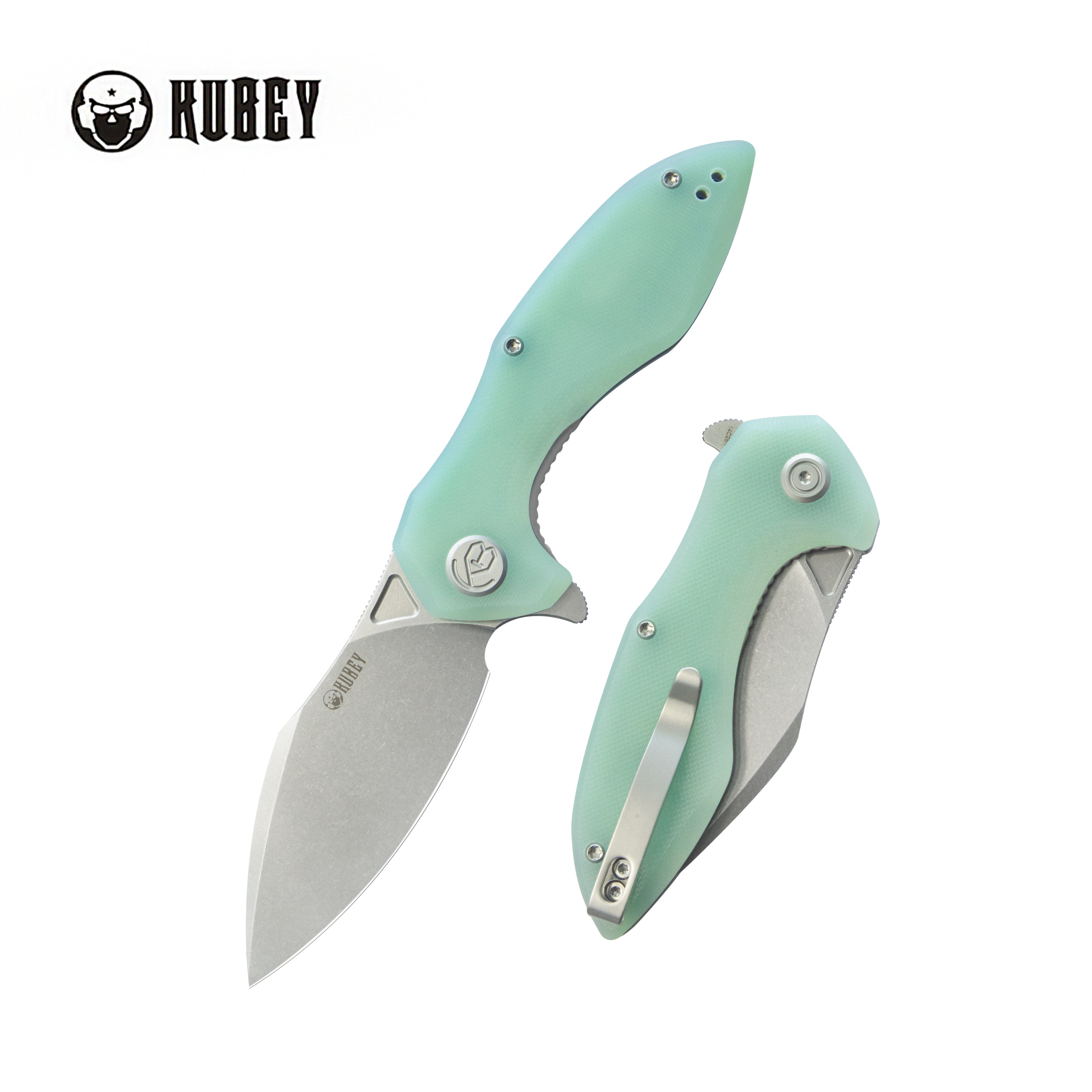 Kubey Noble Flipper Folding Knife Jade G10 Handle 3.15" Beadblast 14C28N KU236M