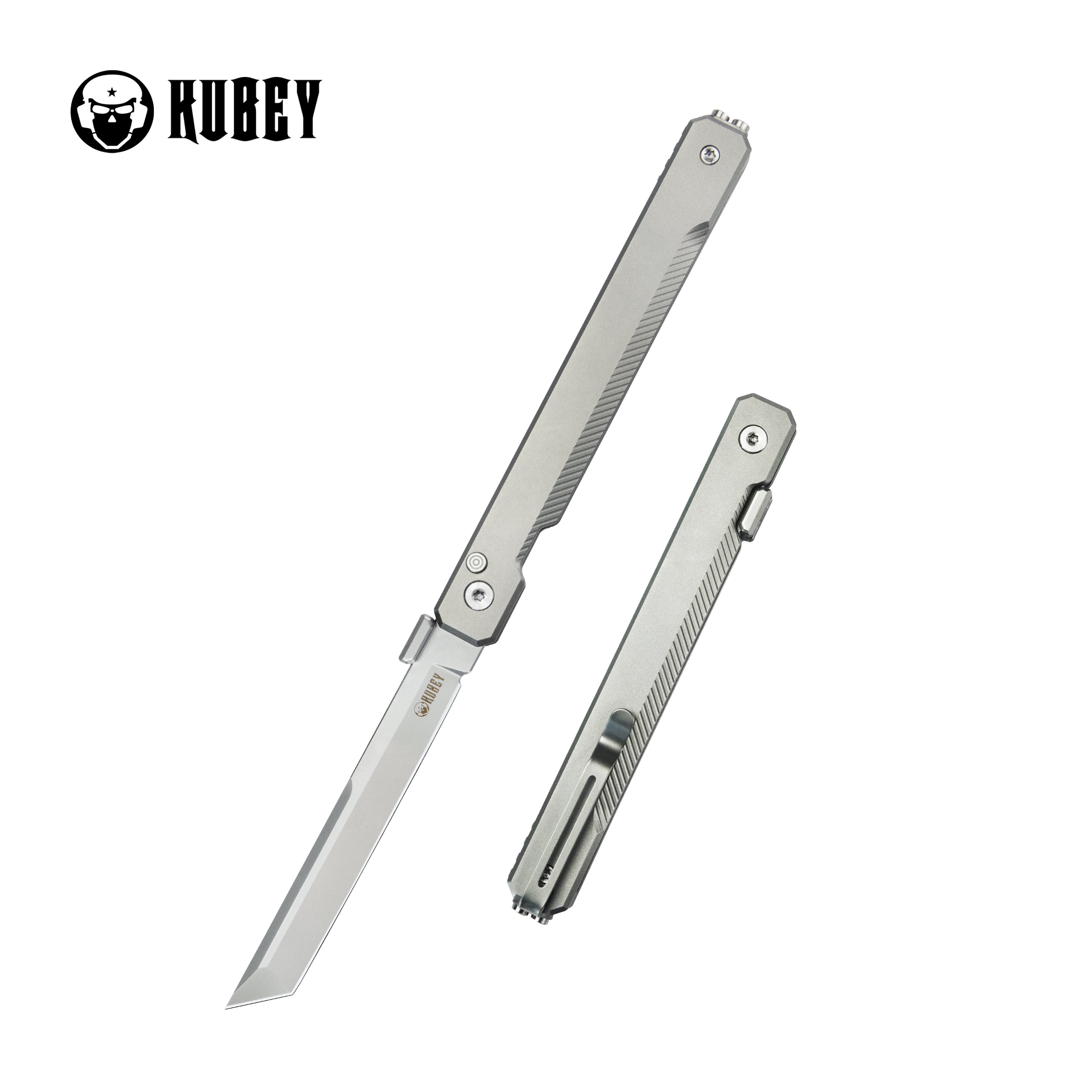 Kubey Prism Button Lock CEO Style Folding Knife Silver Grey 6AL4V Titanium Handle 3.54'' Beadblast 14C28N KB243A