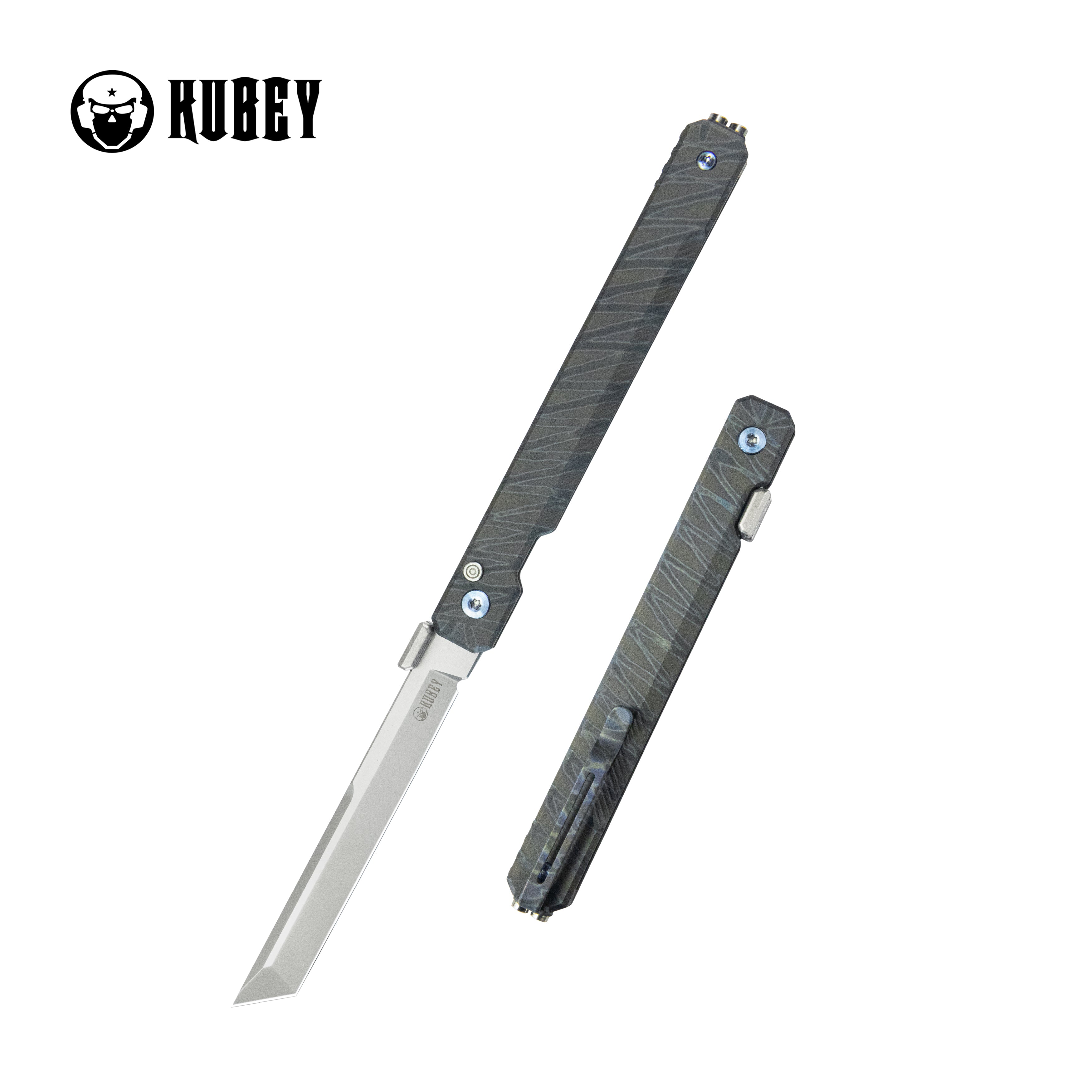 Kubey Prism Button Lock CEO Style Folding Knife Flame Titanium Handle 3.54'' Beadblast 14C28N KB243C