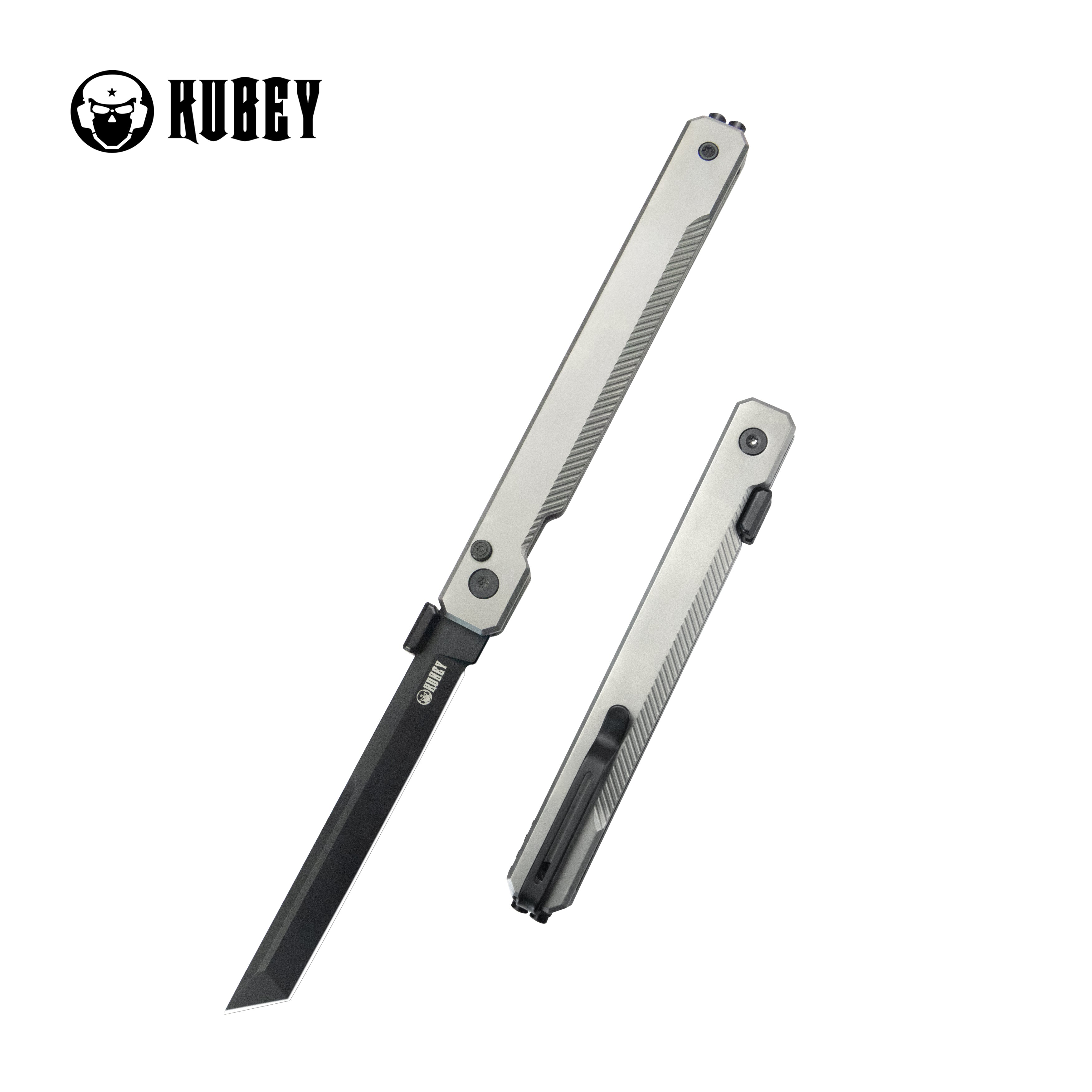 Kubey Prism Button Lock CEO Style Folding Knife Silver Grey 6AL4V Titanium Handle 3.54'' Black Coating 14C28N KB243B