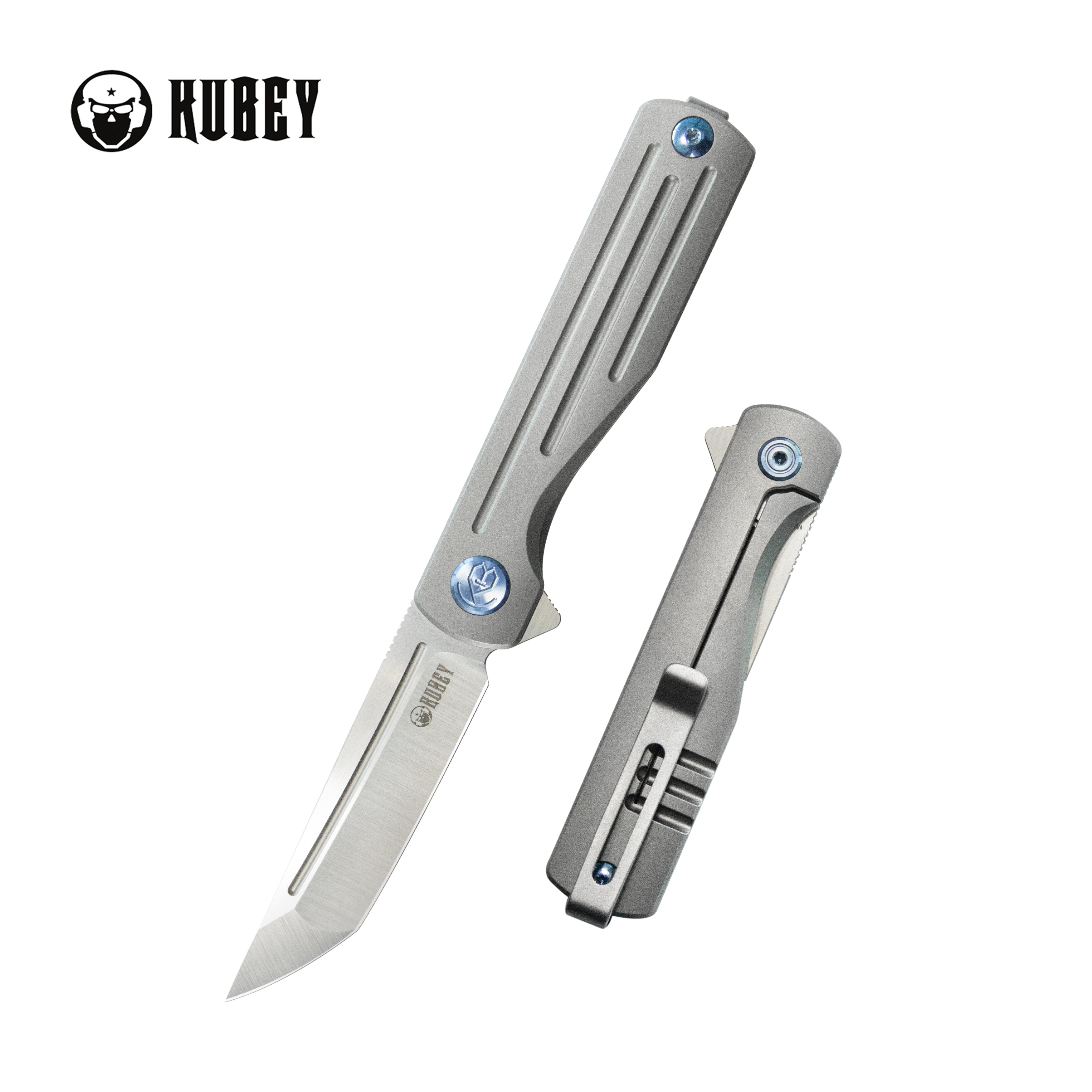 Kubey Musō Flipper Everyday Carry Knife Grey Titanium Handle 2.95" Tanto Belt Satin M390 Blade KB244A