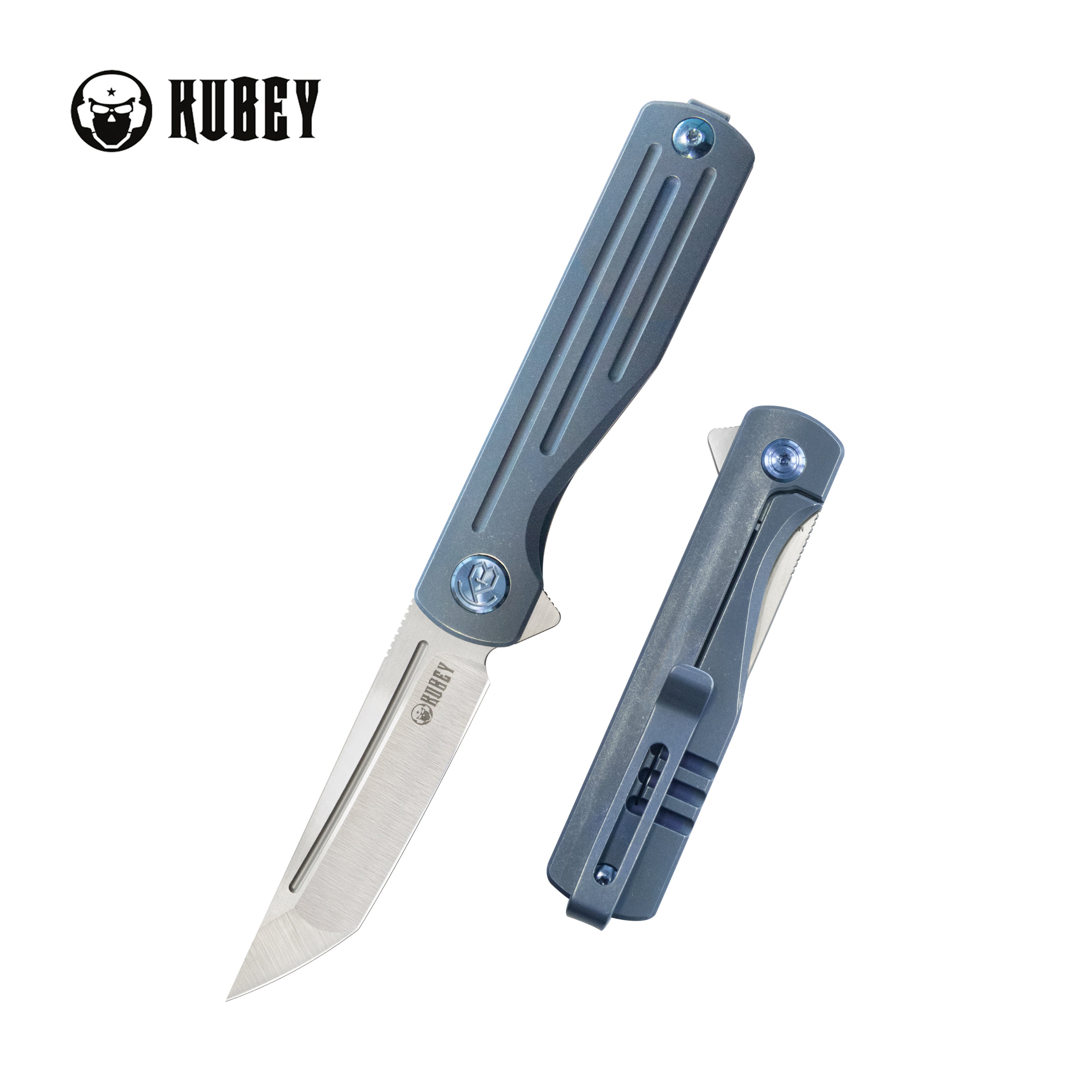 Kubey Musō Flipper Everyday Carry Knife Blue Titanium Handle 2.95" Tanto Belt Satin M390 Blade KB244B