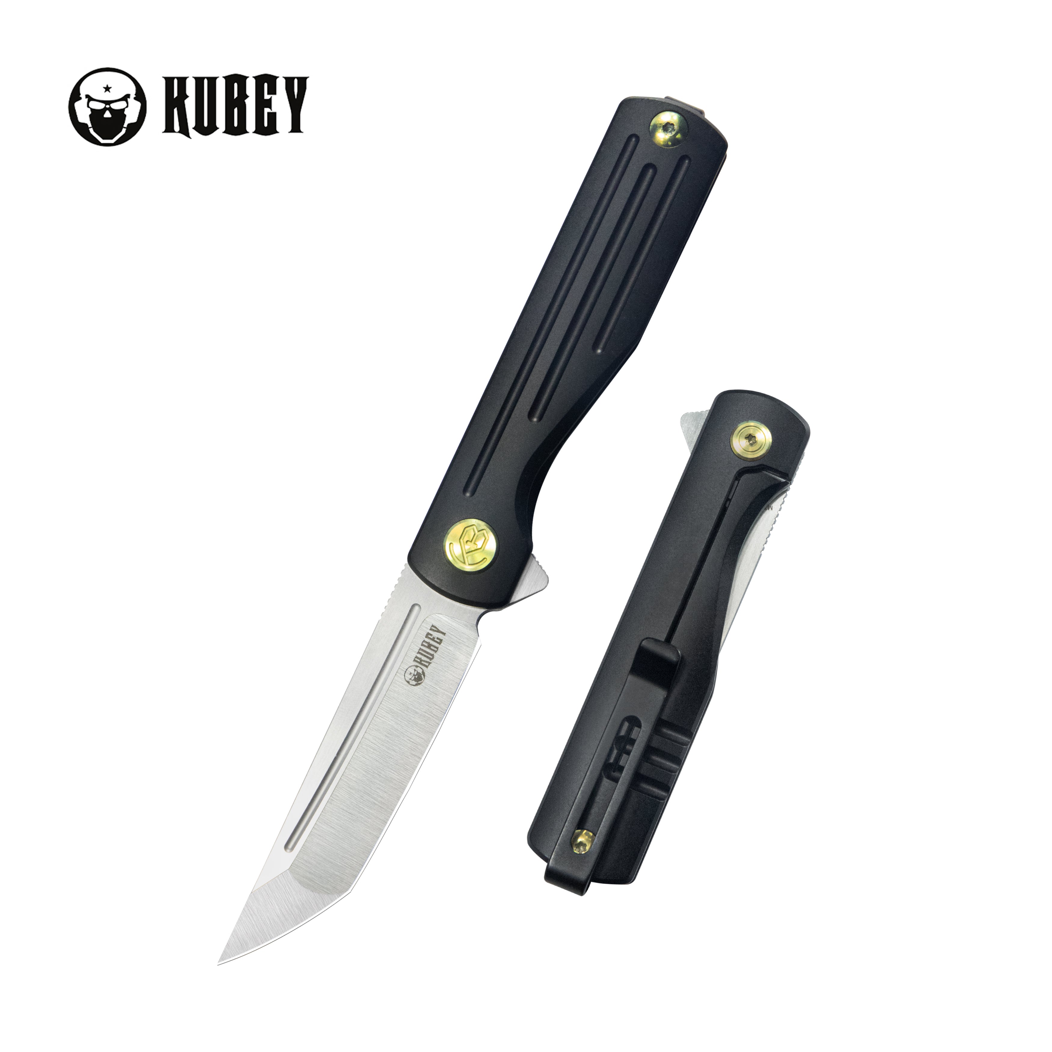 Kubey Musō Flipper Everyday Carry Knife Black Titanium Handle 2.95" Tanto Belt Satin M390 Blade KB244C