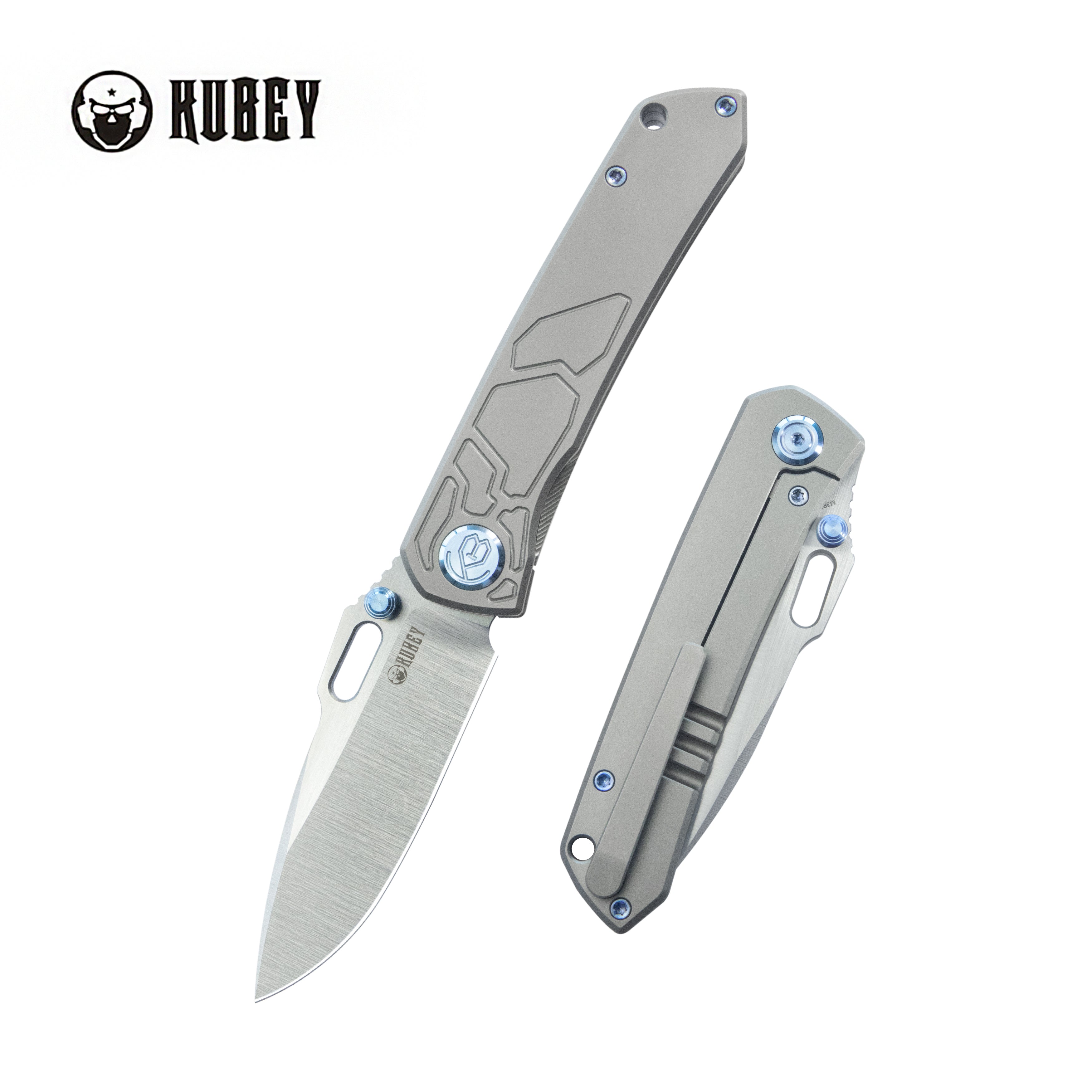 Kubey Blackout Frame Lock Folding Knife Gray Titanium Handle 3.15" Belt Satin M390 KB259A