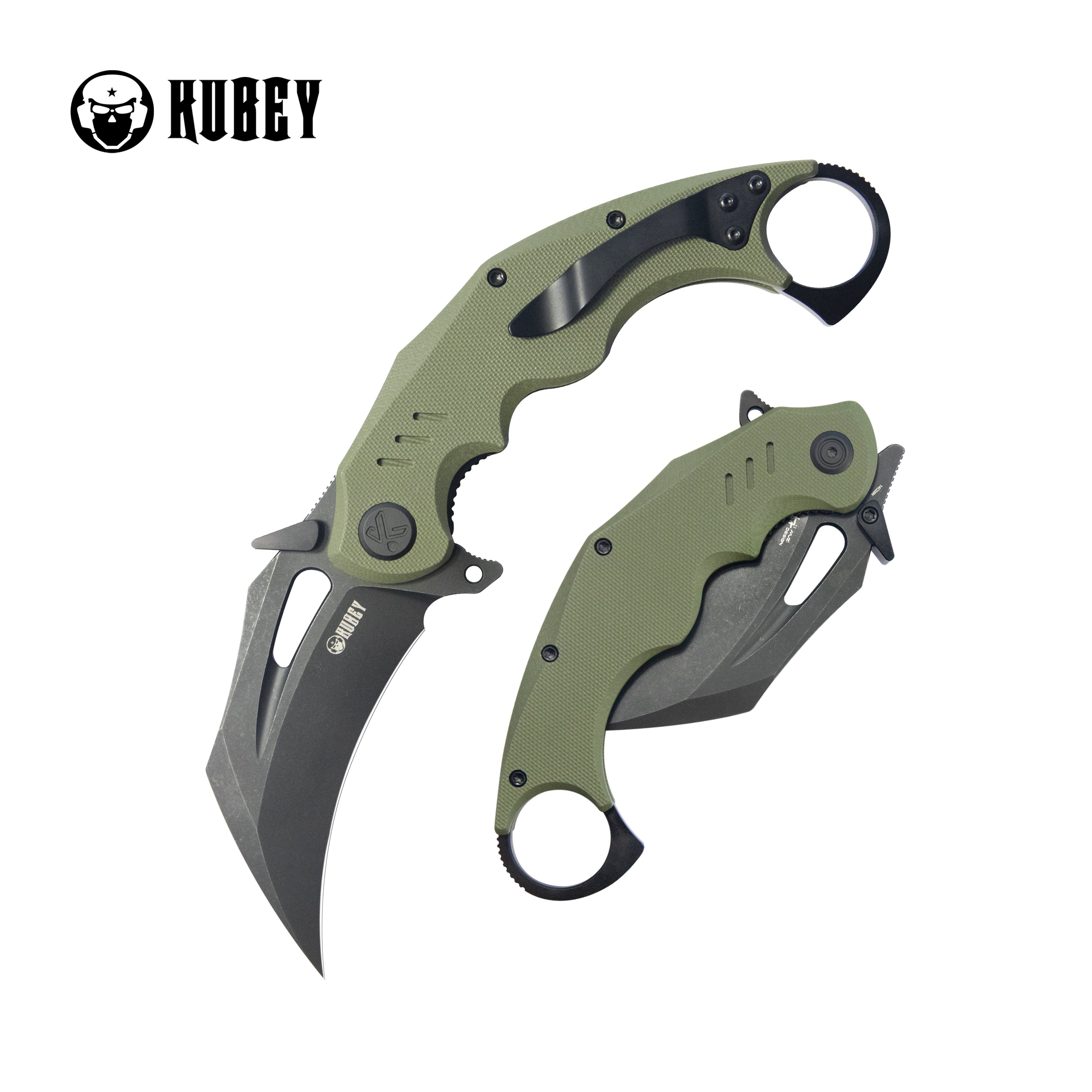Kubey Wrath Karambit Folding Knife Green G-10 Handle 2.68" Blackwash 14C28N Blade KU261F
