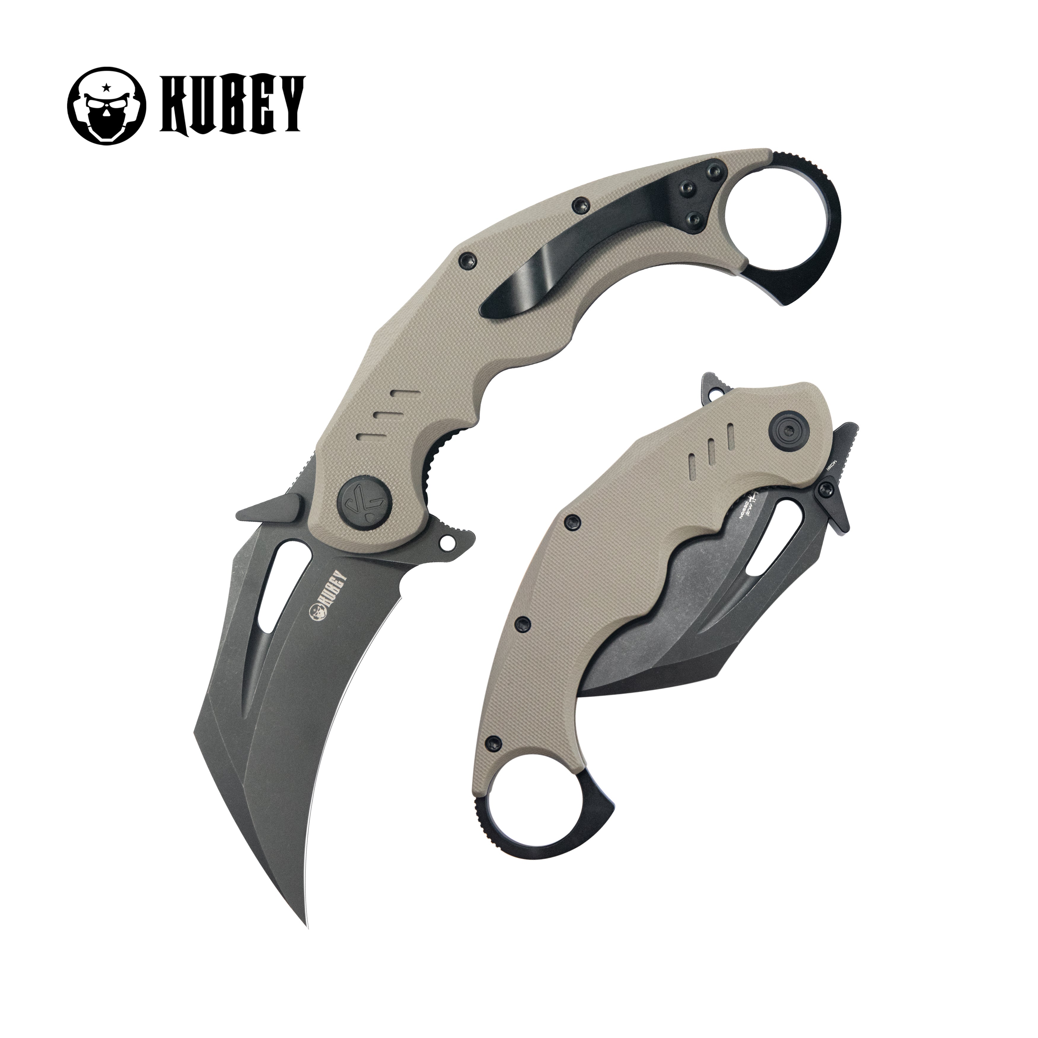 Kubey Wrath Karambit Folding Knife Tan G-10 Handle 2.68" Blackwash 14C28N Blade KU261G