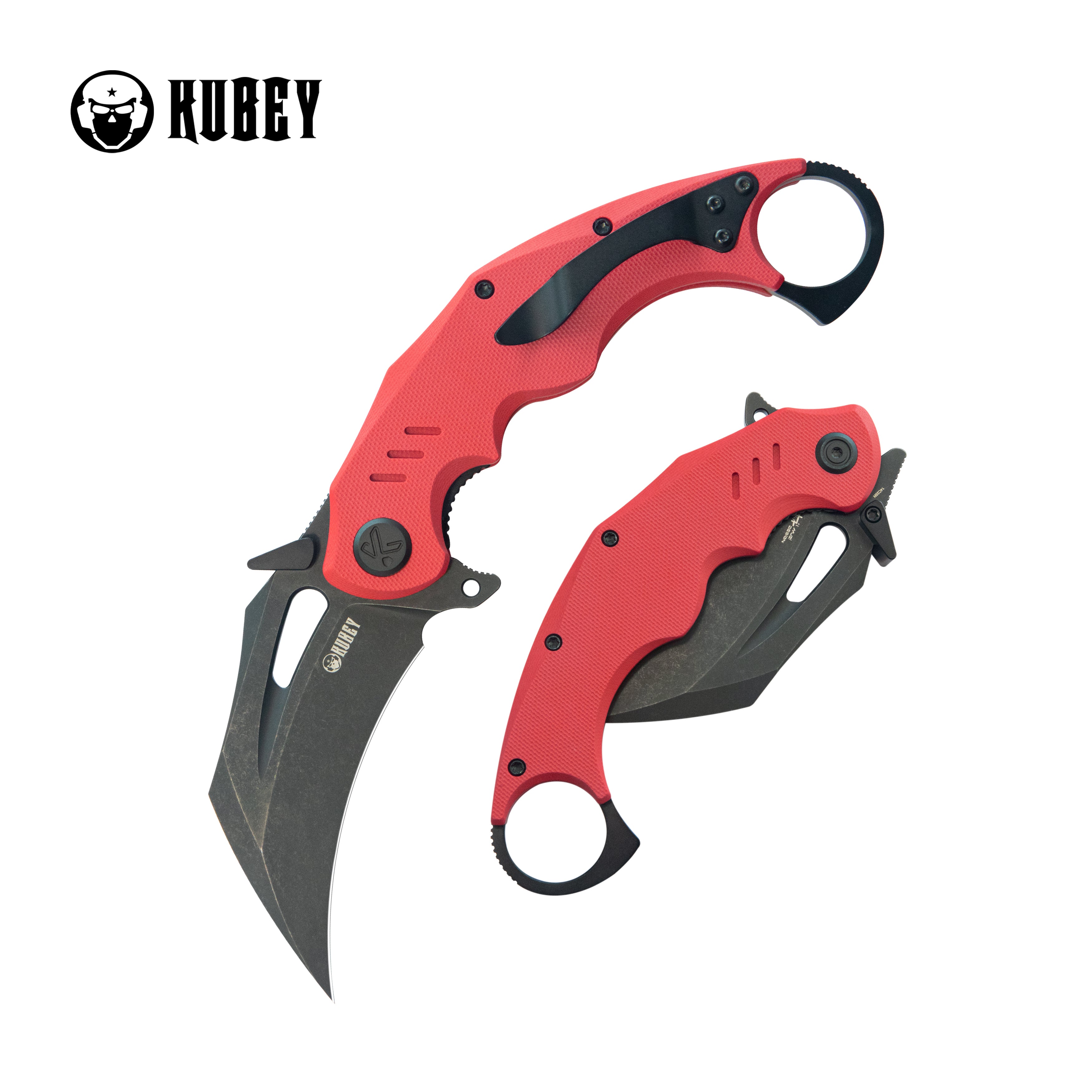 Kubey Wrath Karambit Folding Knife Red G-10 Handle 2.68" Blackwash 14C28N Blade KU261H