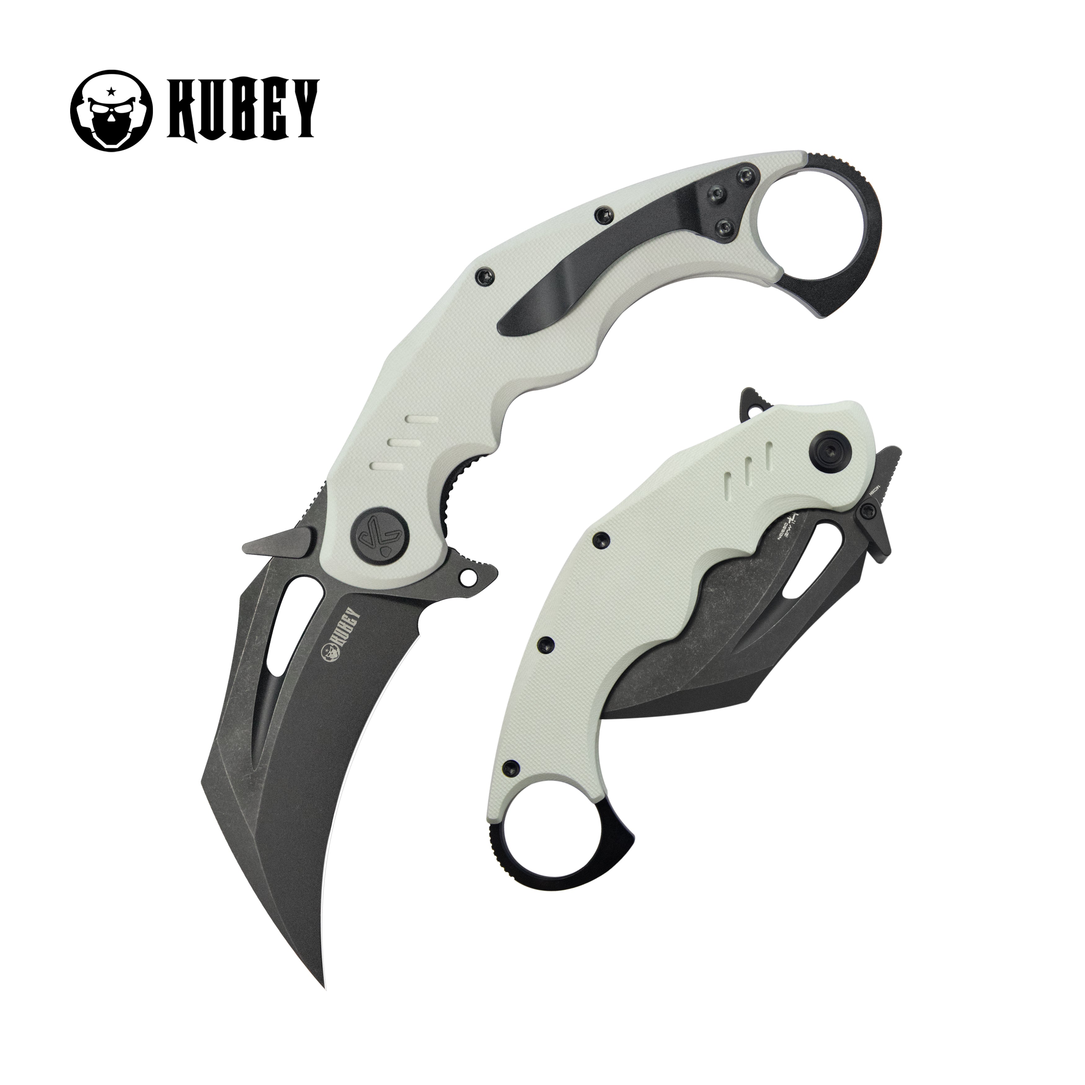 Kubey Wrath Karambit Folding Knife White G-10 Handle 2.68" Blackwash 14C28N Blade KU261J