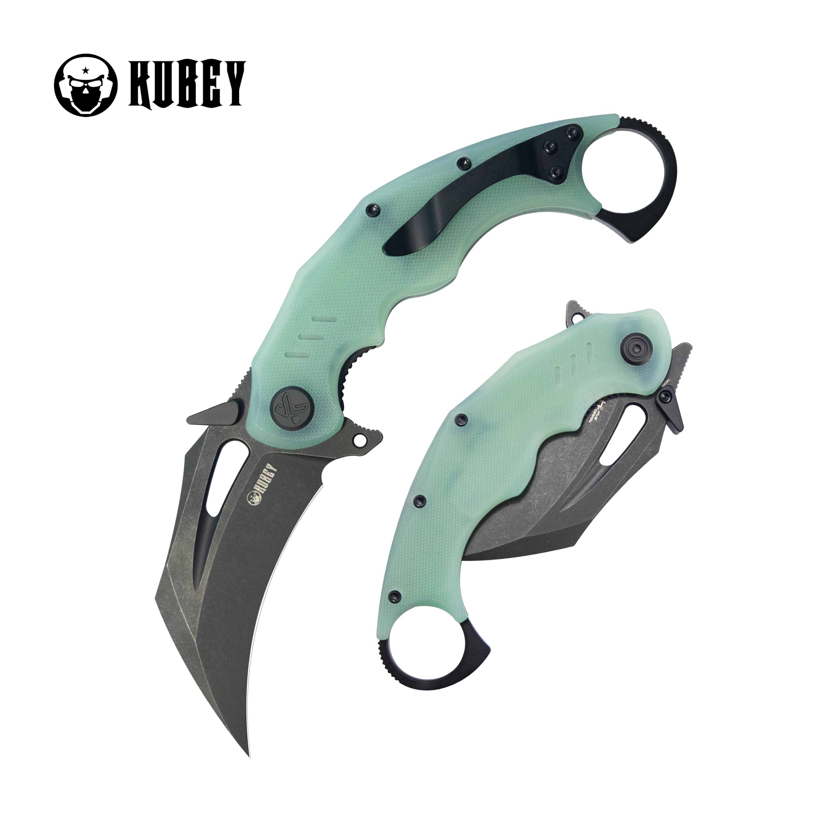 Kubey Wrath Karambit Folding Knife Jade G-10 Handle 2.68" Blackwash 14C28N Blade KU261K