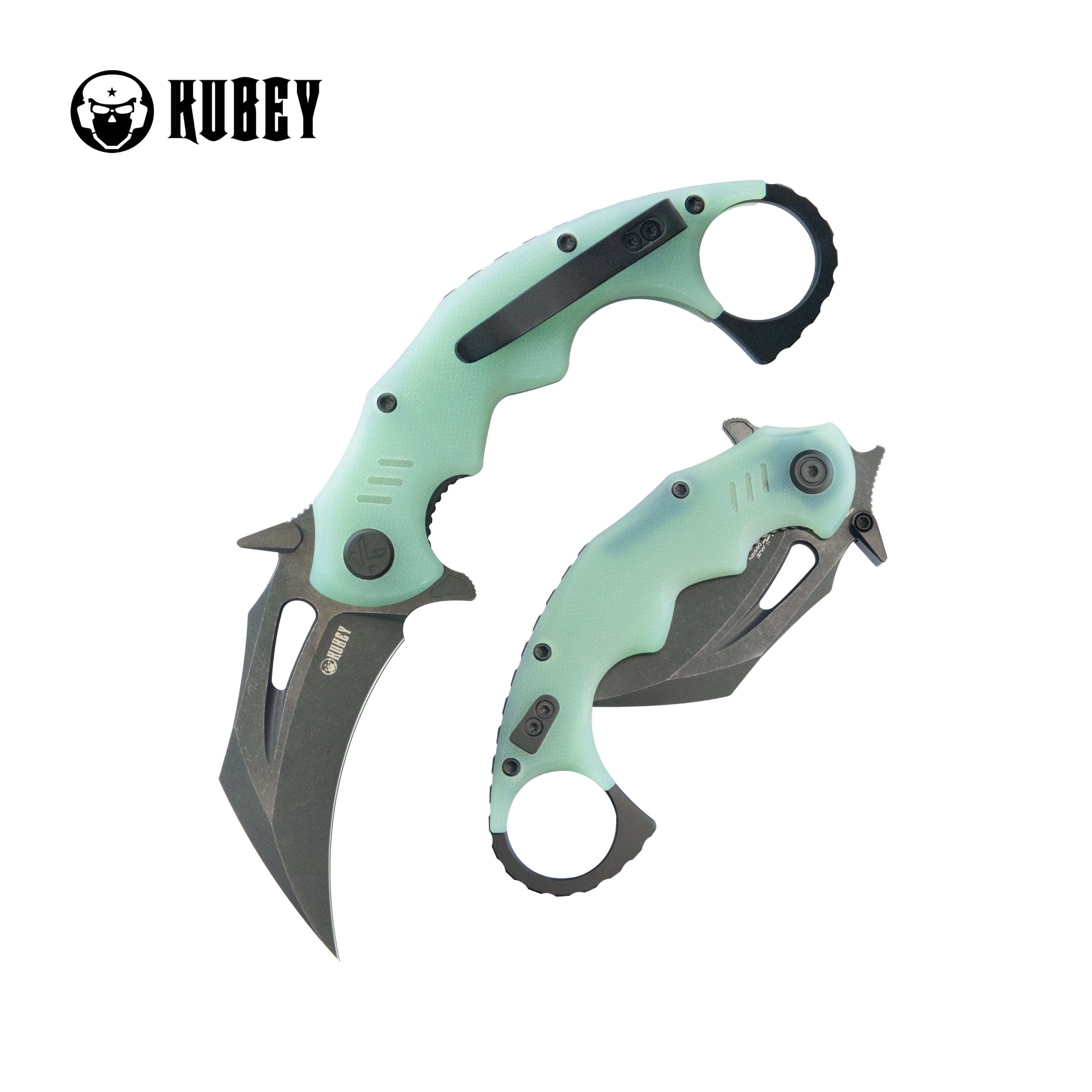 Kubey Mini Wrath Karambit Folding Knife Jade G-10 Handle 2.44" Blackwash 14C28N Blade KU262L