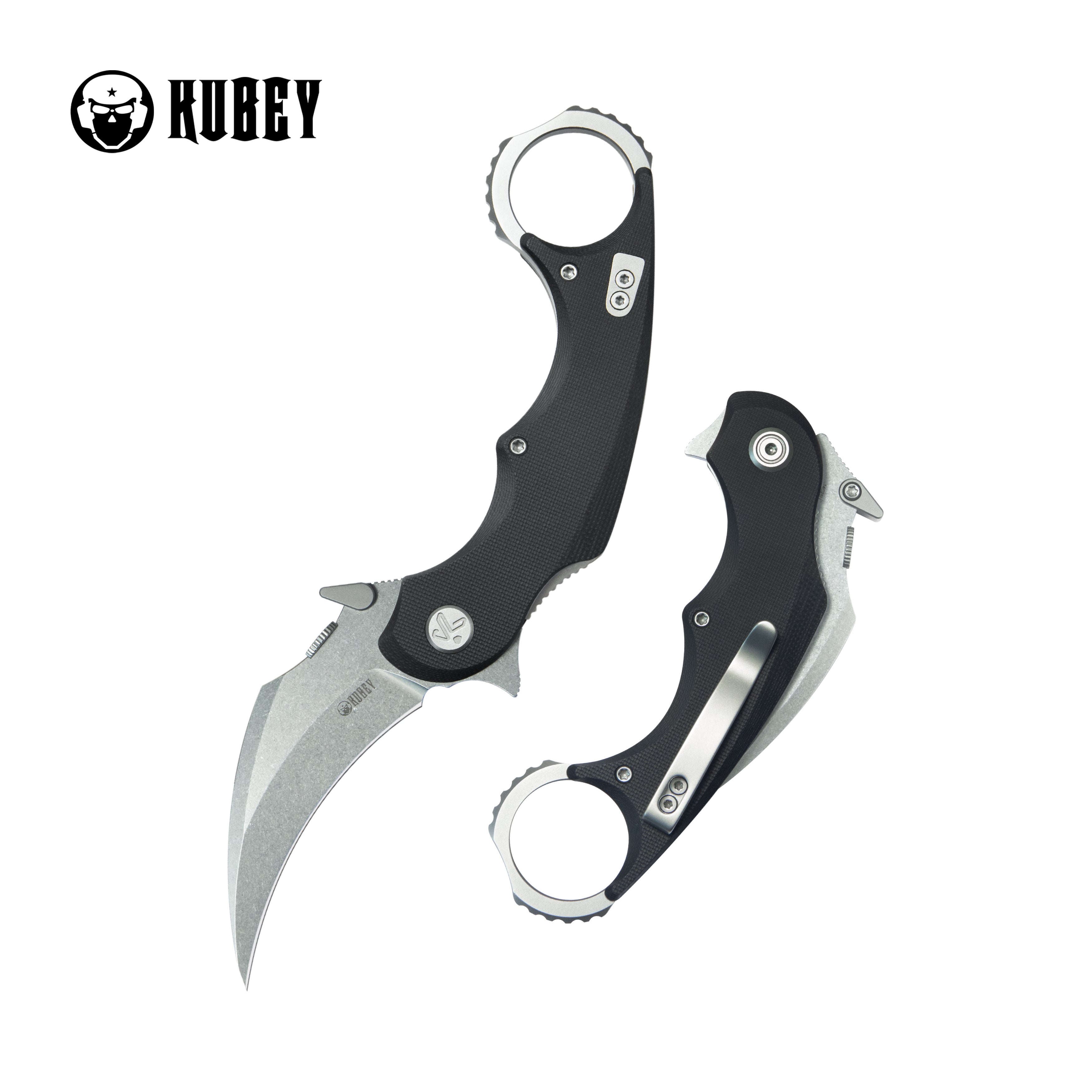Kubey Rogue Pikal Karambit Folding Knife Black G10 Handle 2.91" Stonewash 14C28N Blade KU298A