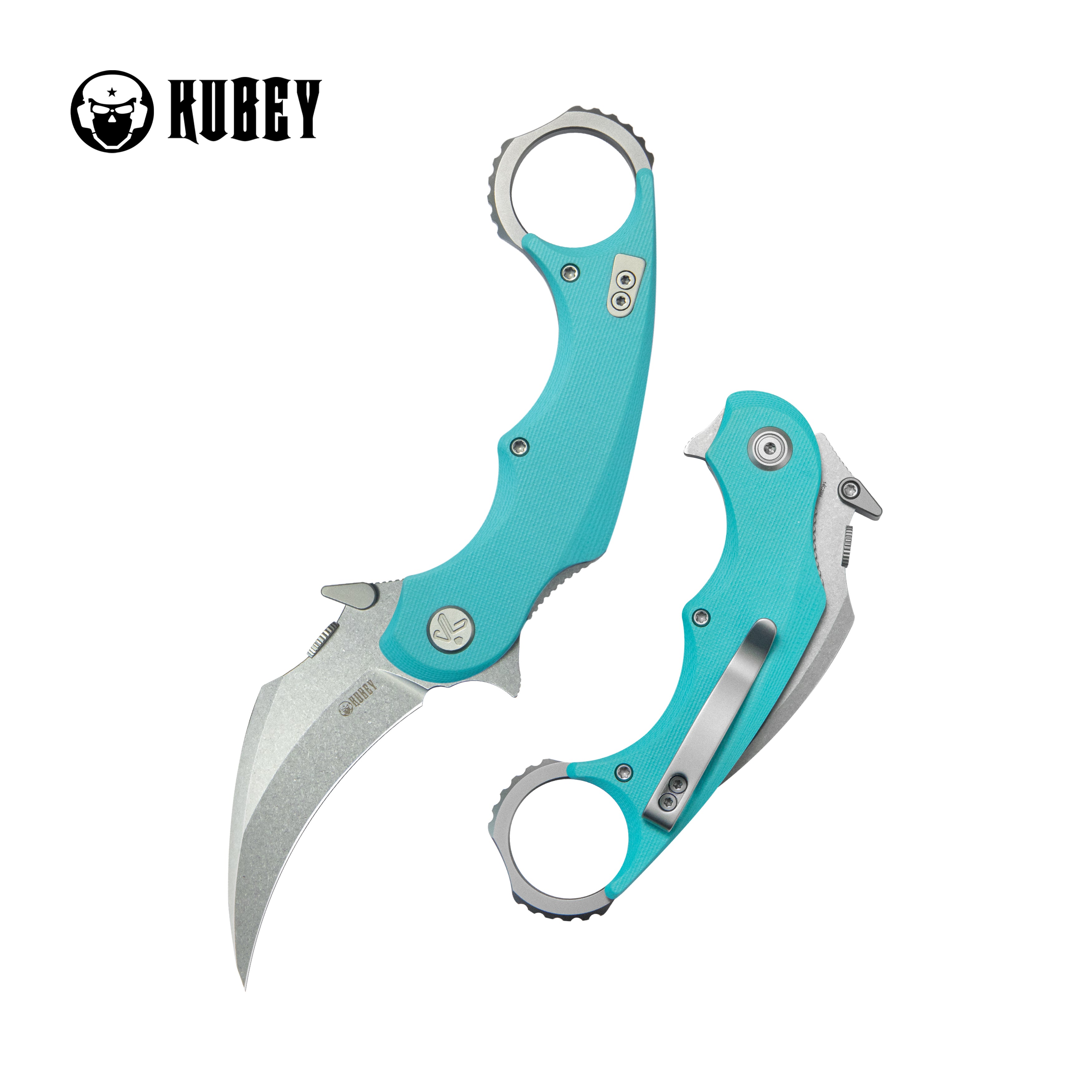 Kubey Rogue Pikal Karambit Folding Knife Tiffany Blue G10 Handle 2.91" Stonewash 14C28N Blade KU298C