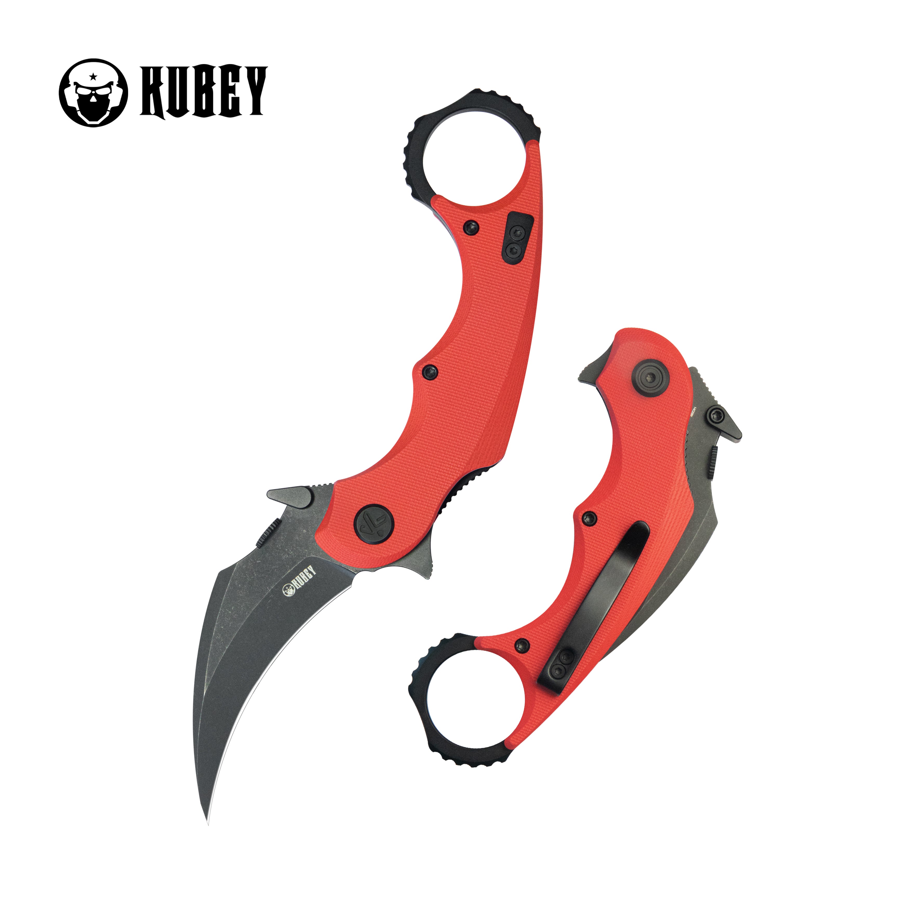 Kubey Rogue Pikal Karambit Folding Knife Red G10 Handle 2.91" Blackwash 14C28N Blade KU298F