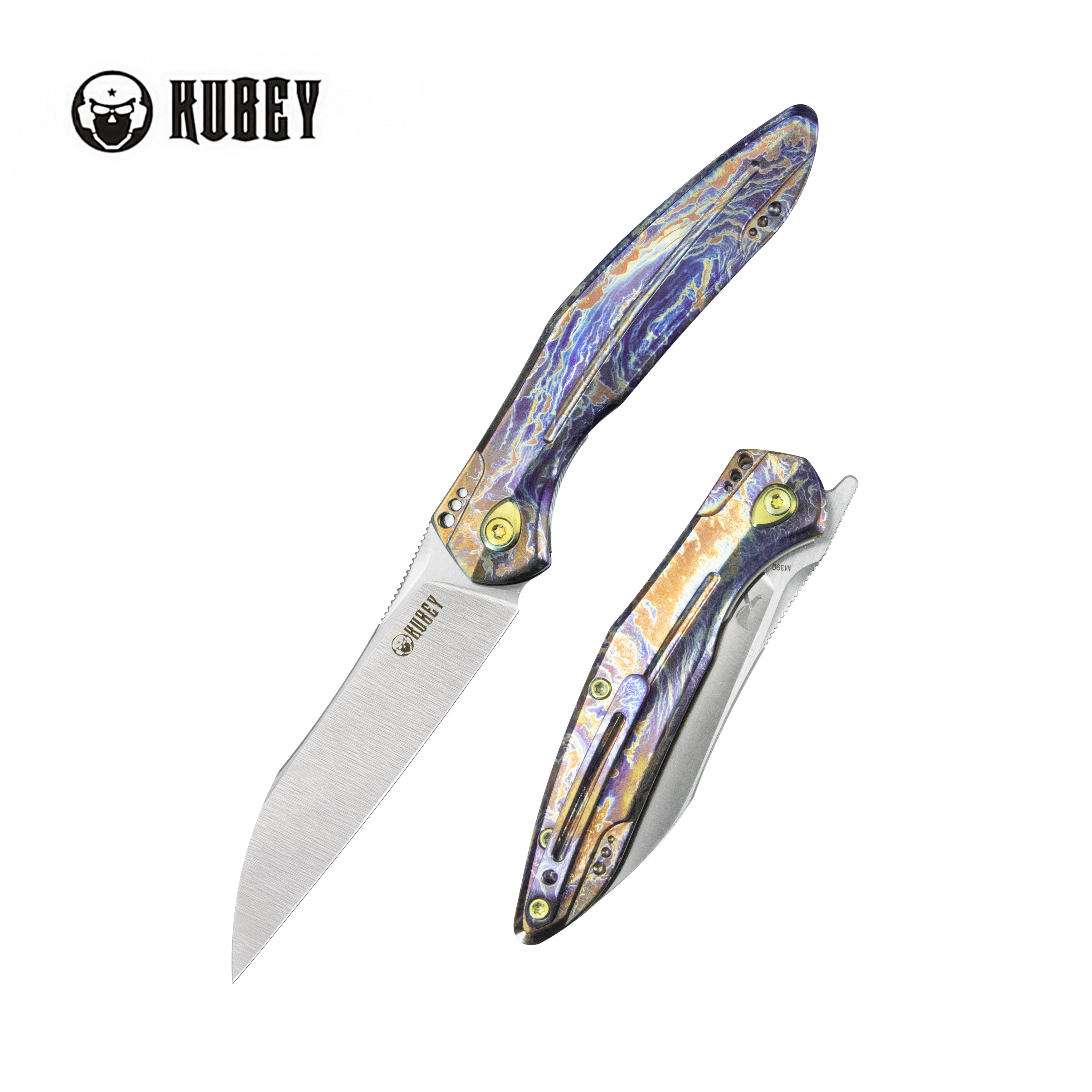 Kubey Barracuda Liner Lock Front Flipper Folding Knife Colorful Flame Titanium Handle 3.38" Satin M390 KB299E