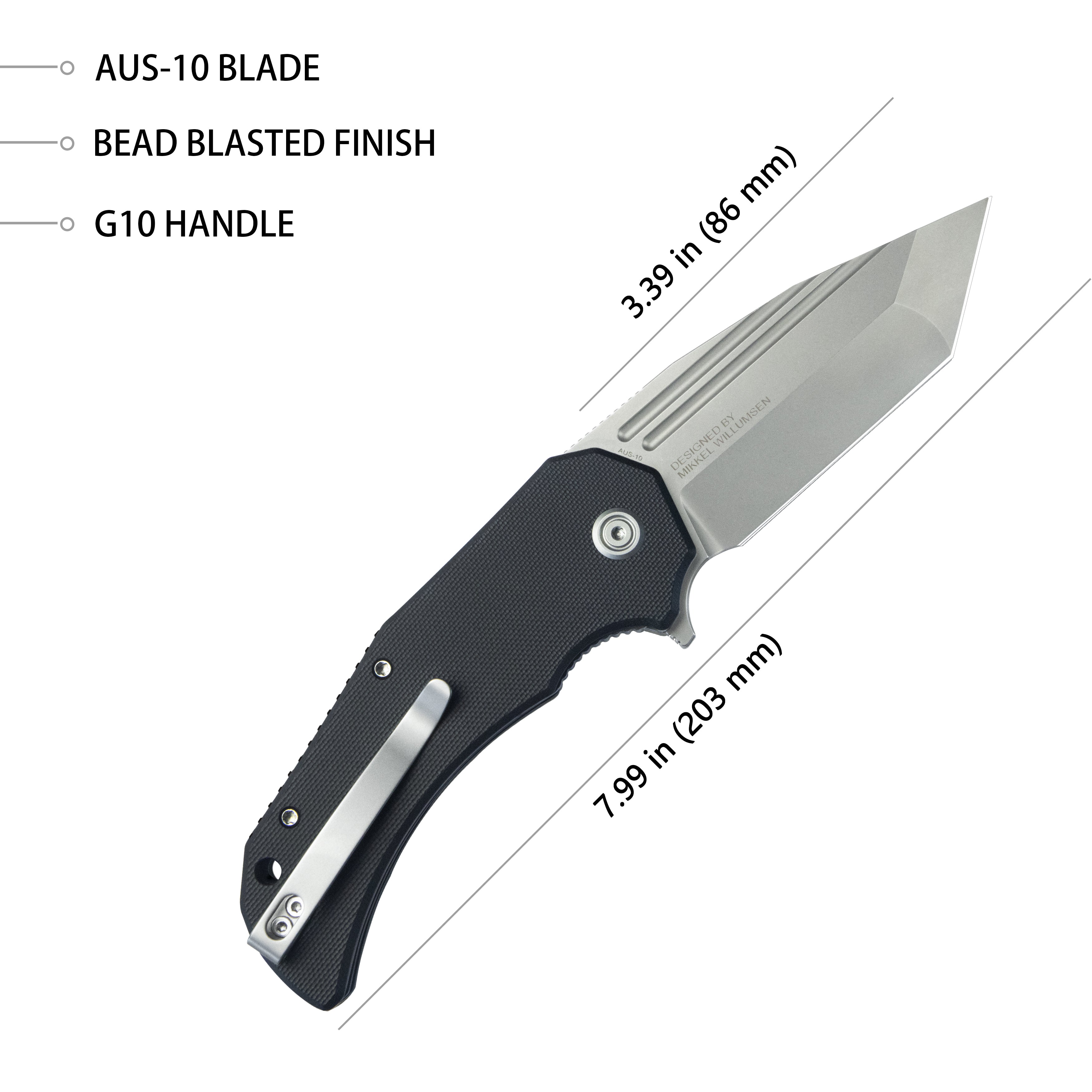Mikkel Willumsen Design Bravo one Tanto Outdoor Folding Camping Knife Black G10 Handle 3.39" Beadblast AUS-10 KU318A