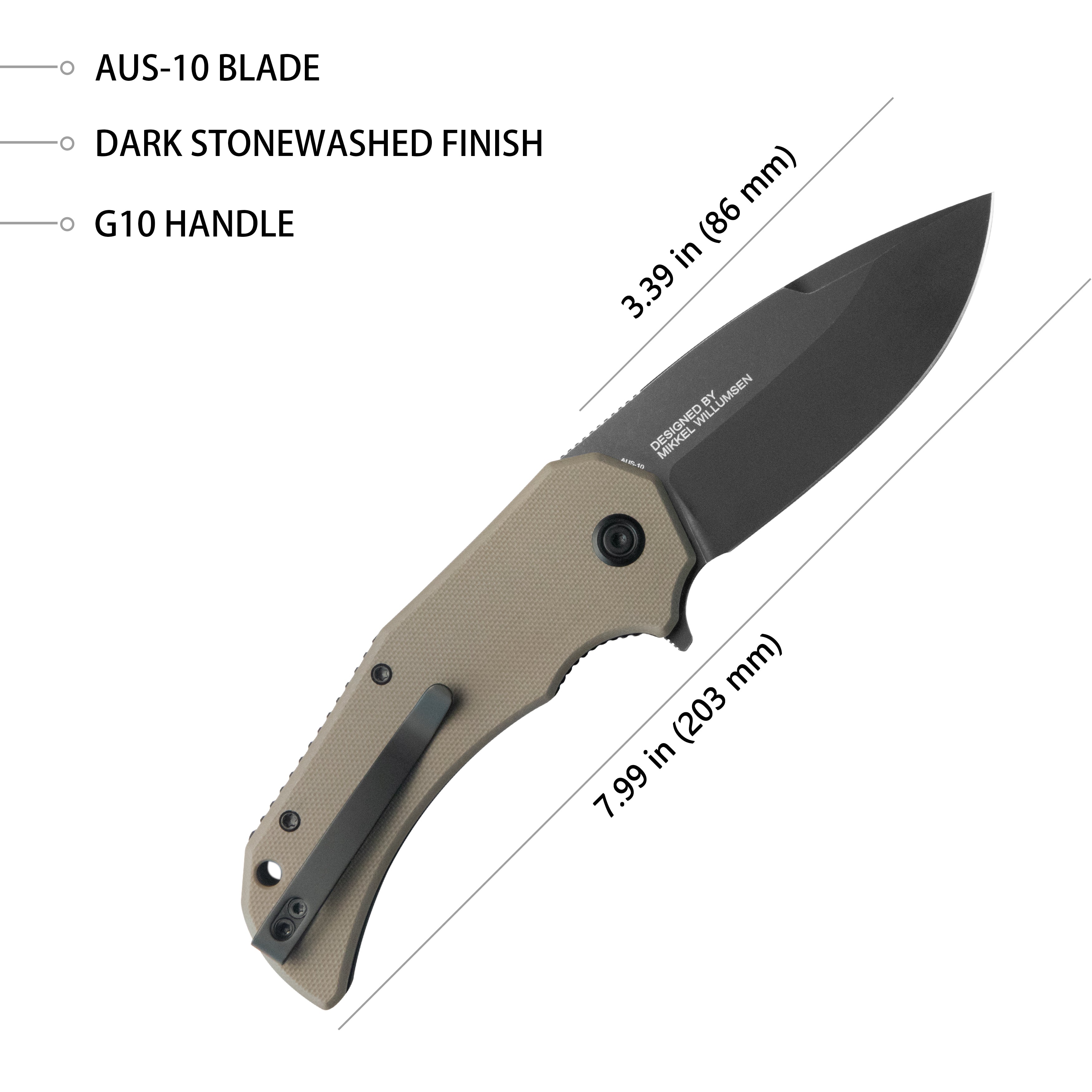 Mikkel Willumsen Design Bravo one Drop Point Outdoor Folding Camping Knife Tan G10 Handle 3.39" Blackwash AUS-10 KU319D