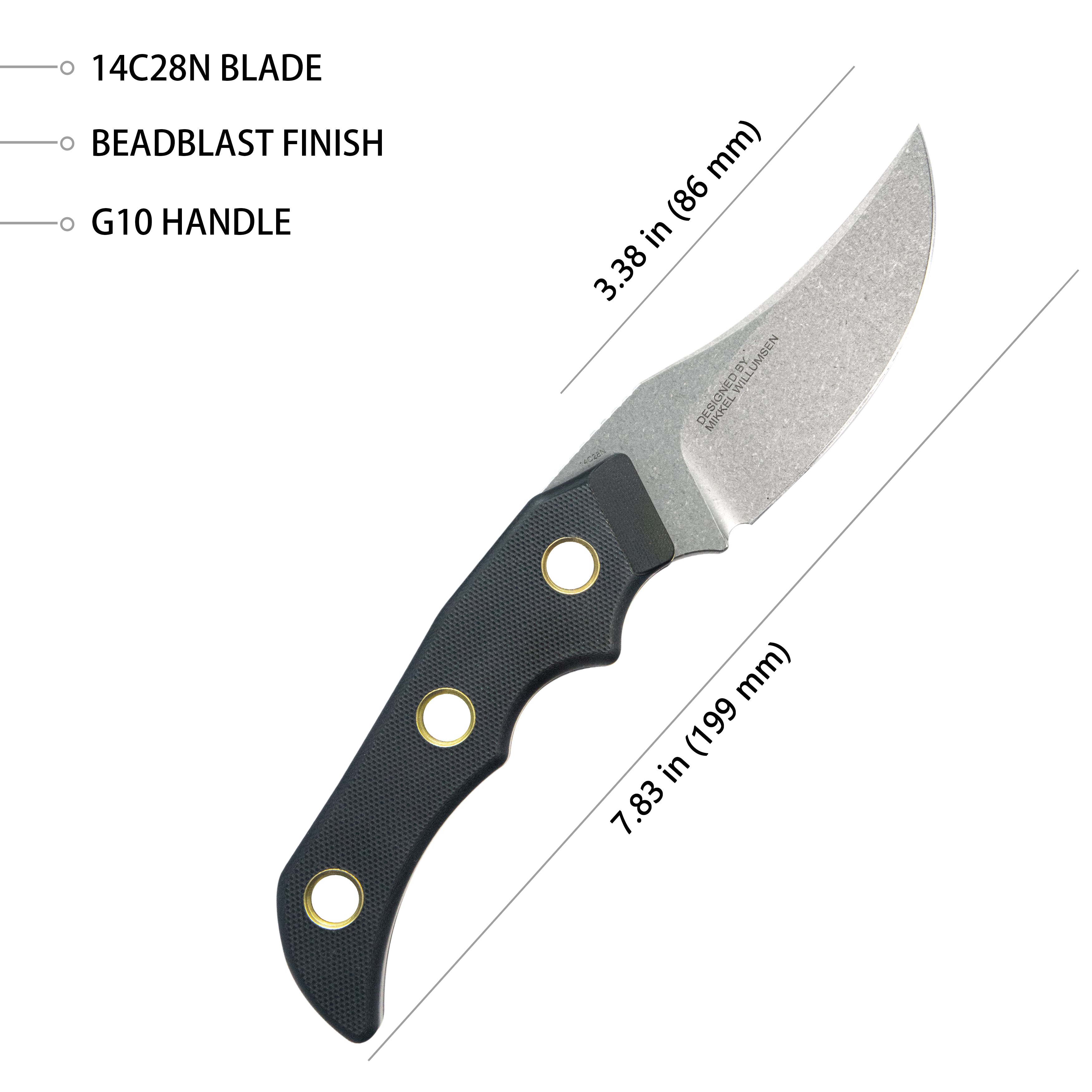 Mikkel Willumsen Design Blade Hunter Clip Point Fixed Blade Knife Black G10 Handle 3.38" Beadblast 14C28N KU375A
