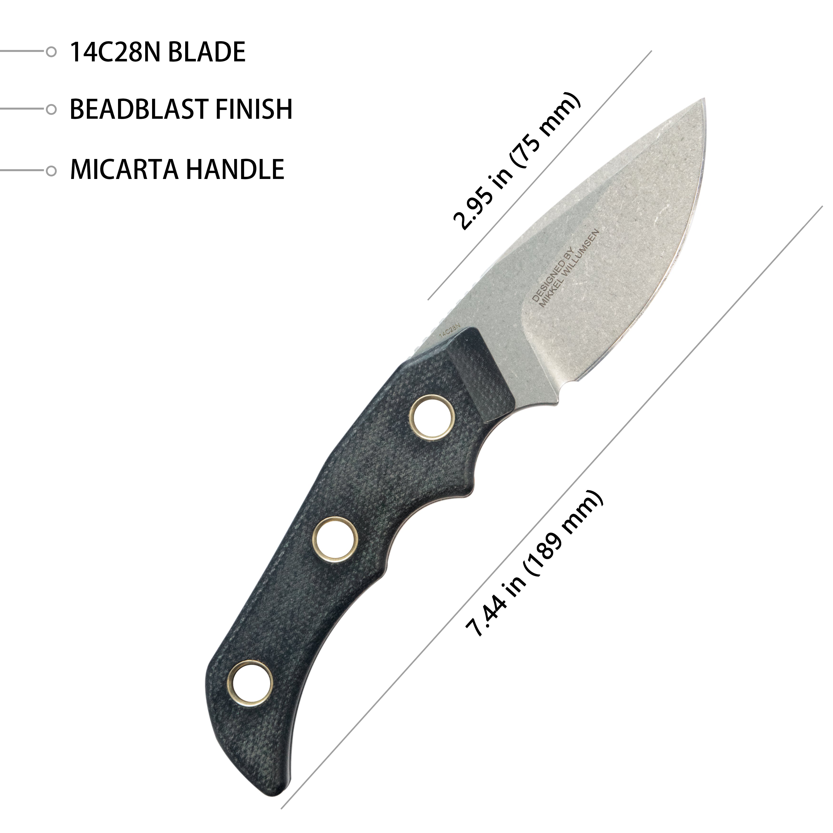 Mikkel Willumsen Design Blade Hunter Drop Point Fixed Blade Knife Black Micarta Handle 2.95''Beadblast 14C28N KU376A