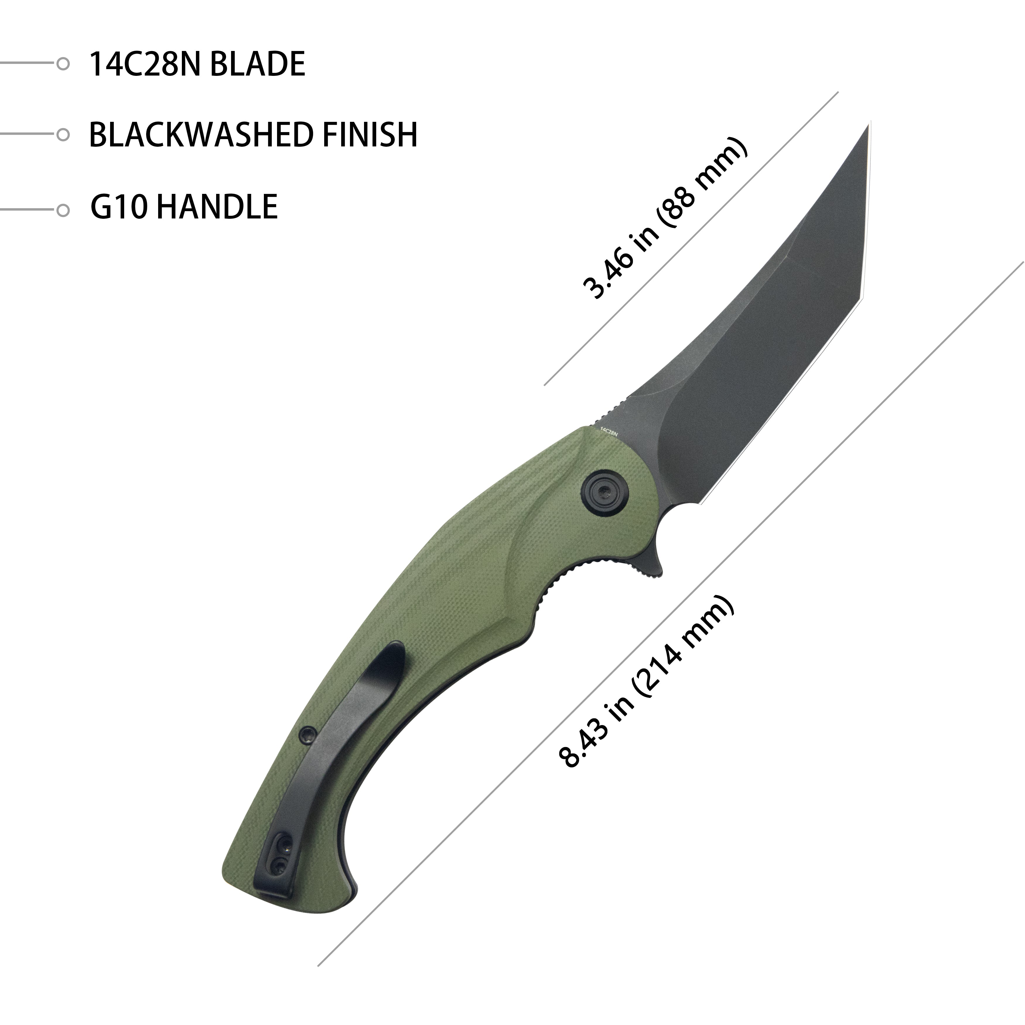 Kubey Scimitar Tanto Liner Lock Hunting Folding Knife Green G10 Handle 3.46" Blackwash 14C28N KU175B