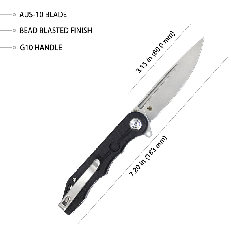 Mizo Liner Lock Flipper Folding Knife Black G10 Handle 3.15" Bead Blast AUS-10 KU312A