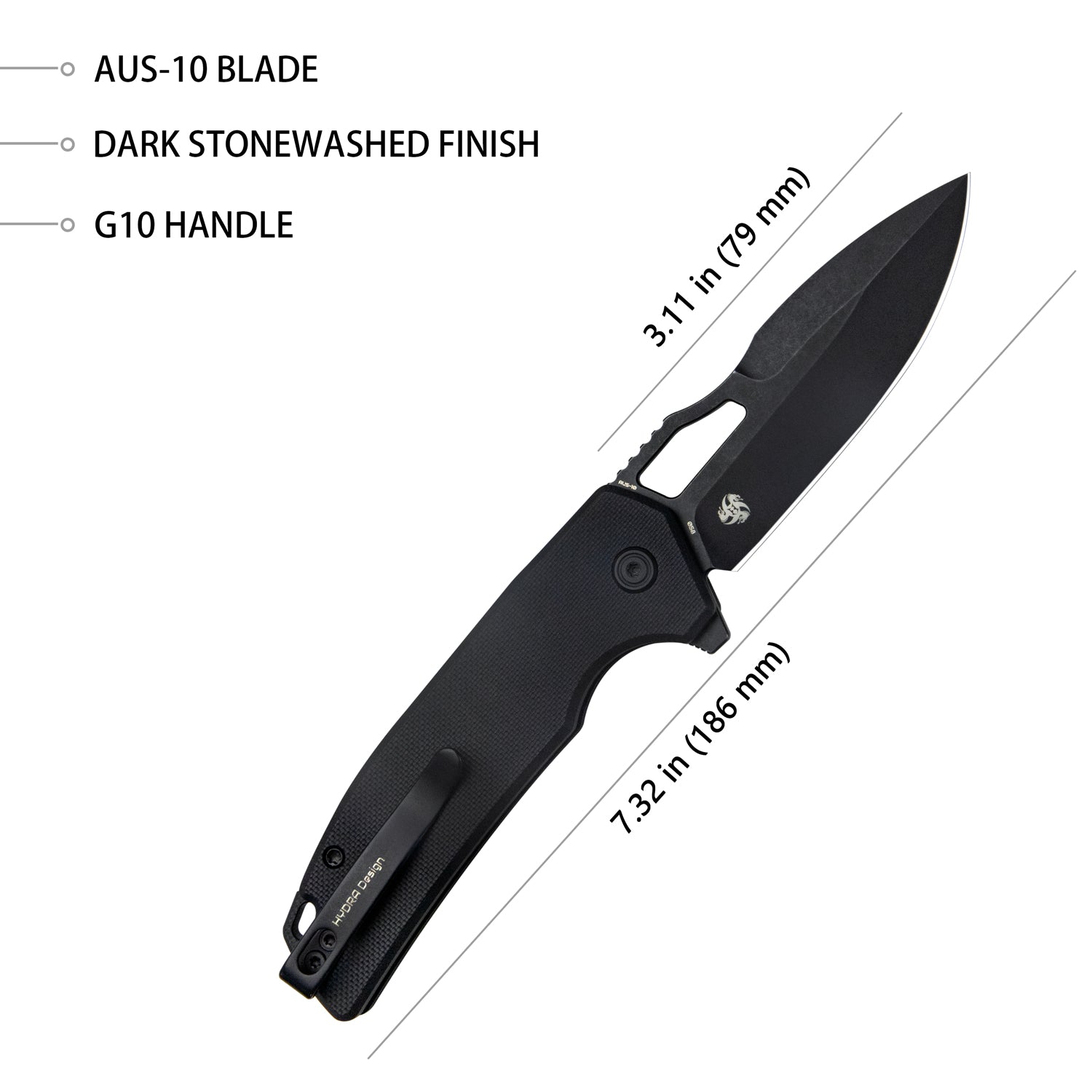 RDF Pocket Knife with Button Lock, Full-Contoured Black G-10 Handle 3.11" Blackwash AUS-10 Blade, Lightweight Folding Knife for EDC KU316A