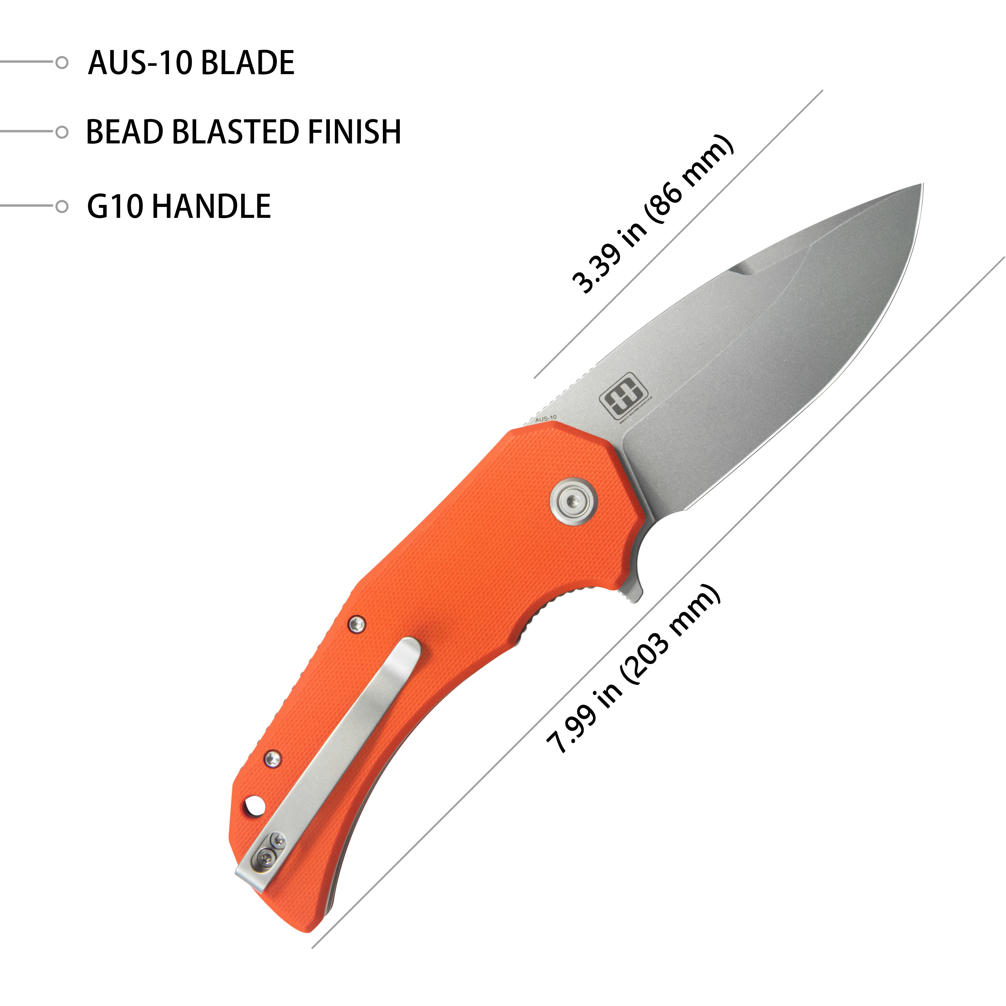 Mikkel Willumsen Design Bravo one Drop Point Outdoor Folding Camping Knife Orange G10 Handle 3.39" Beadblast AUS-10 KU319B