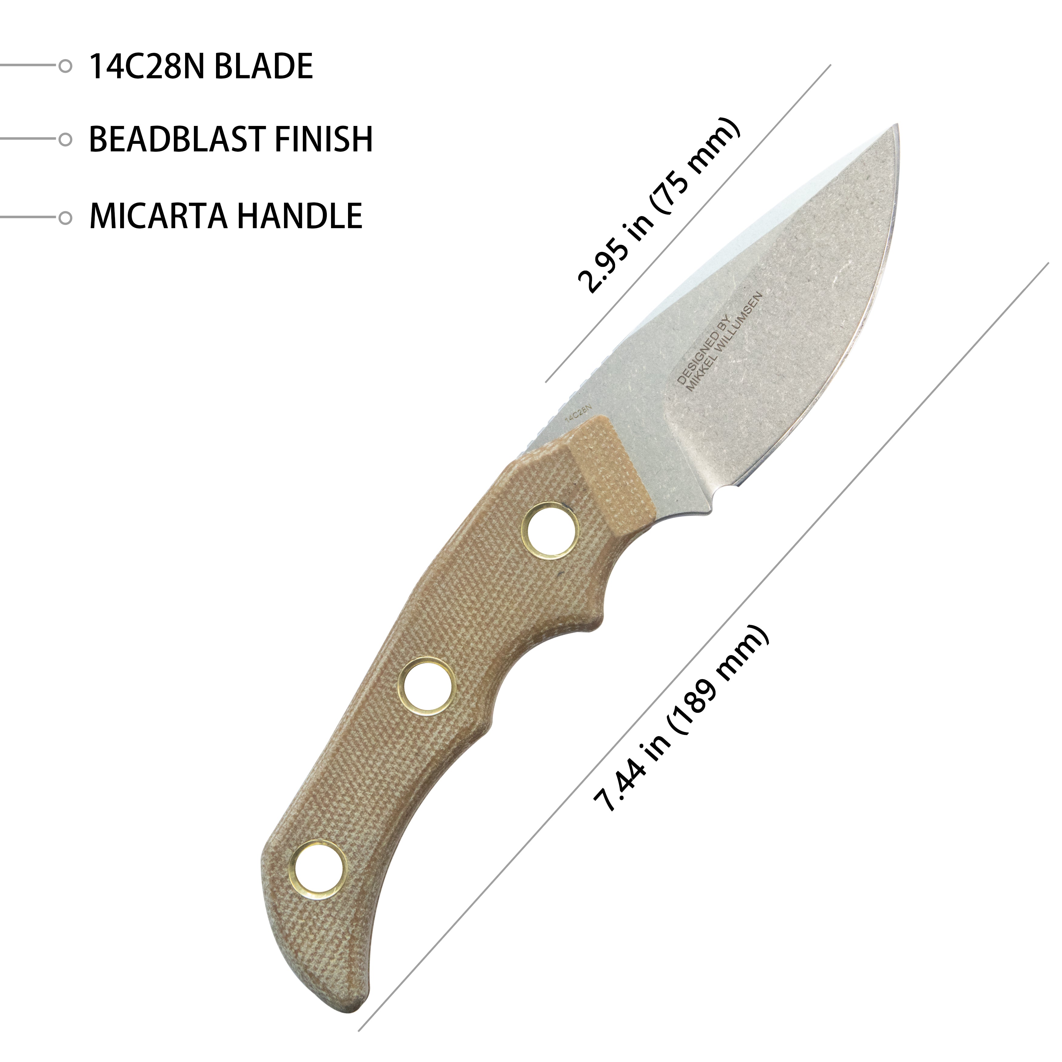 Mikkel Willumsen Design Blade Hunter Drop Point Fixed Blade Knife Brown Micarta Handle 2.95''Beadblast 14C28N KU376B