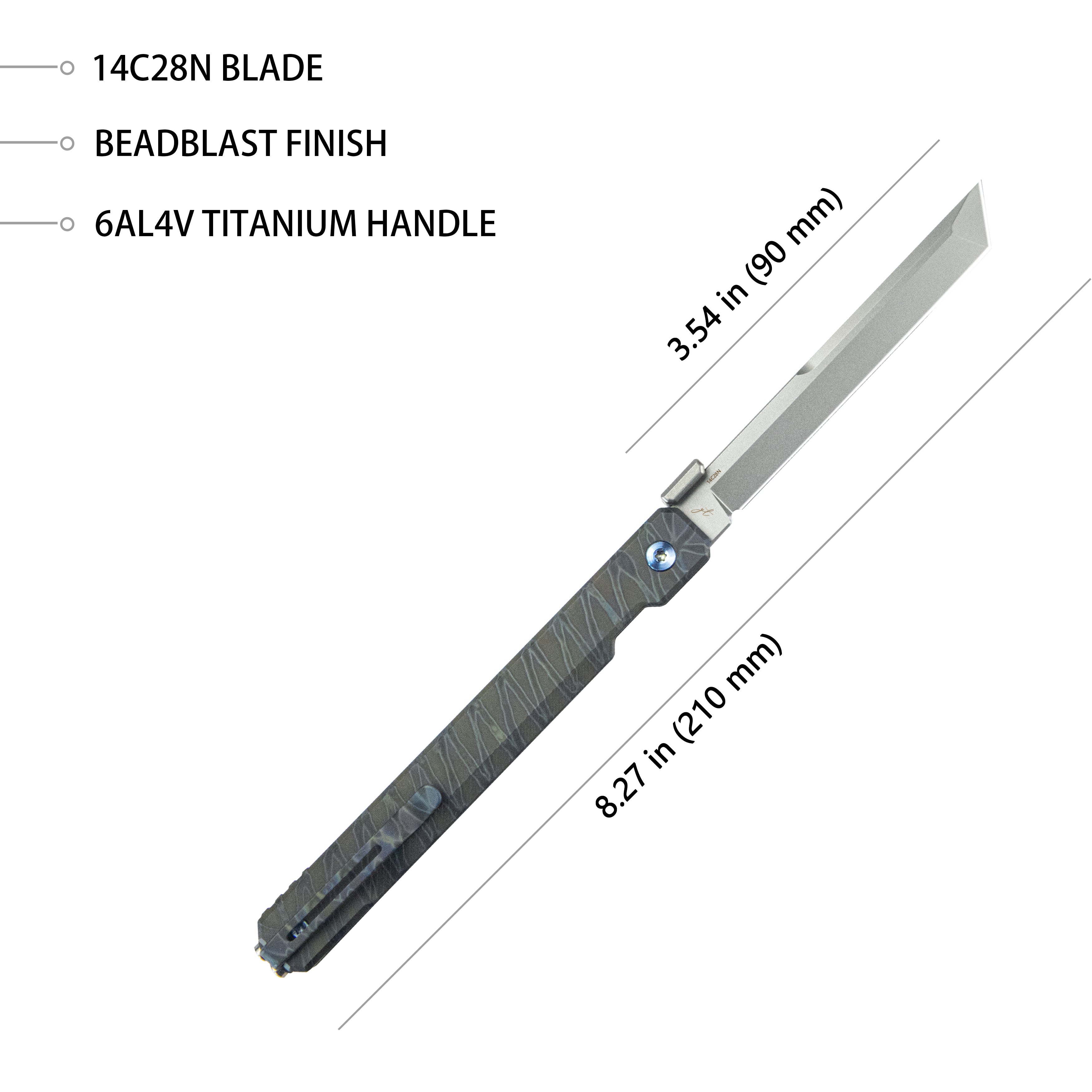 Kubey Prism Button Lock CEO Style Folding Knife Flame Titanium Handle 3.54'' Beadblast 14C28N KB243C