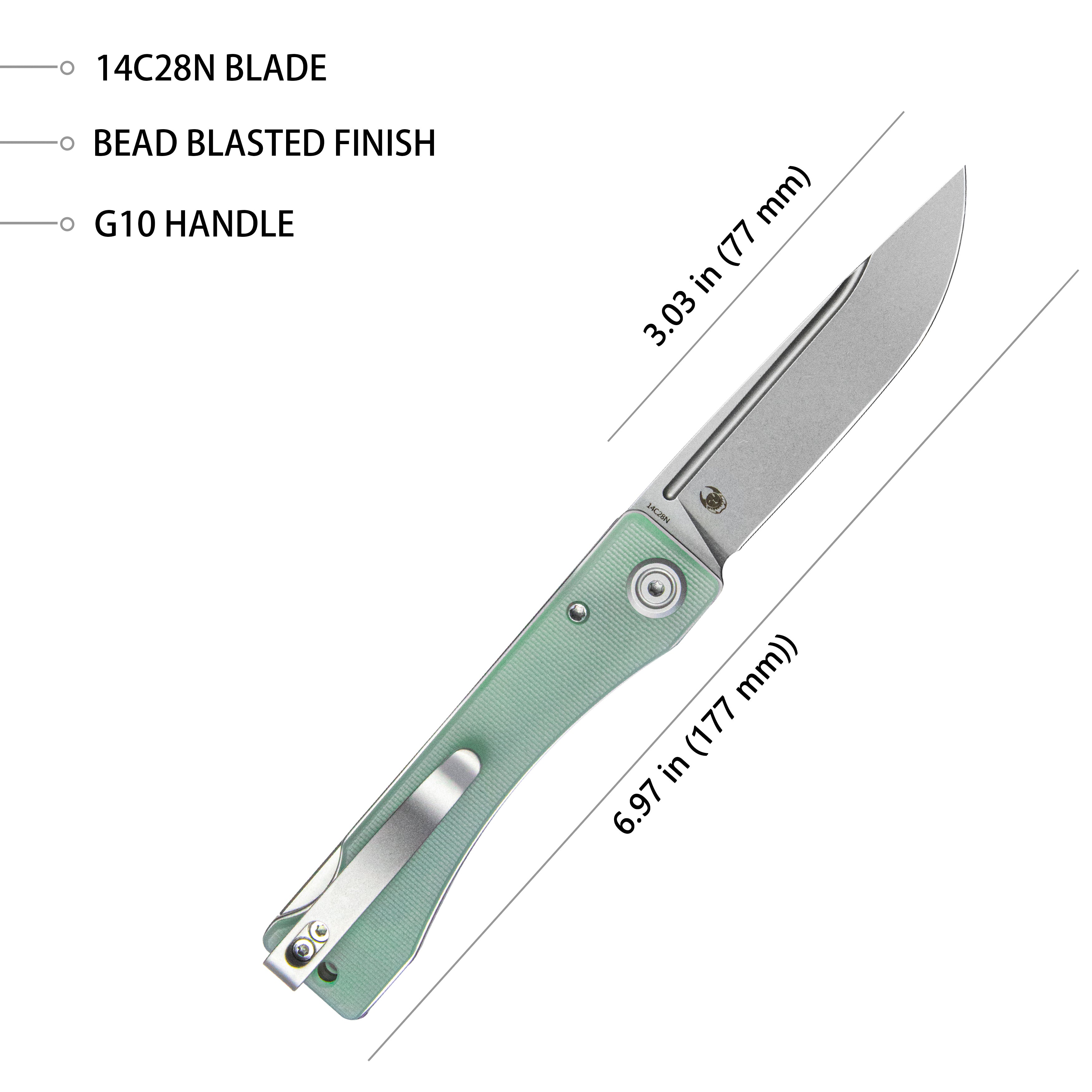 Kubey Akino Lockback Pocket Folding Knife Jade G10 Handle 3.15" Bead Blasted Sandvik 14C28N KU2102B
