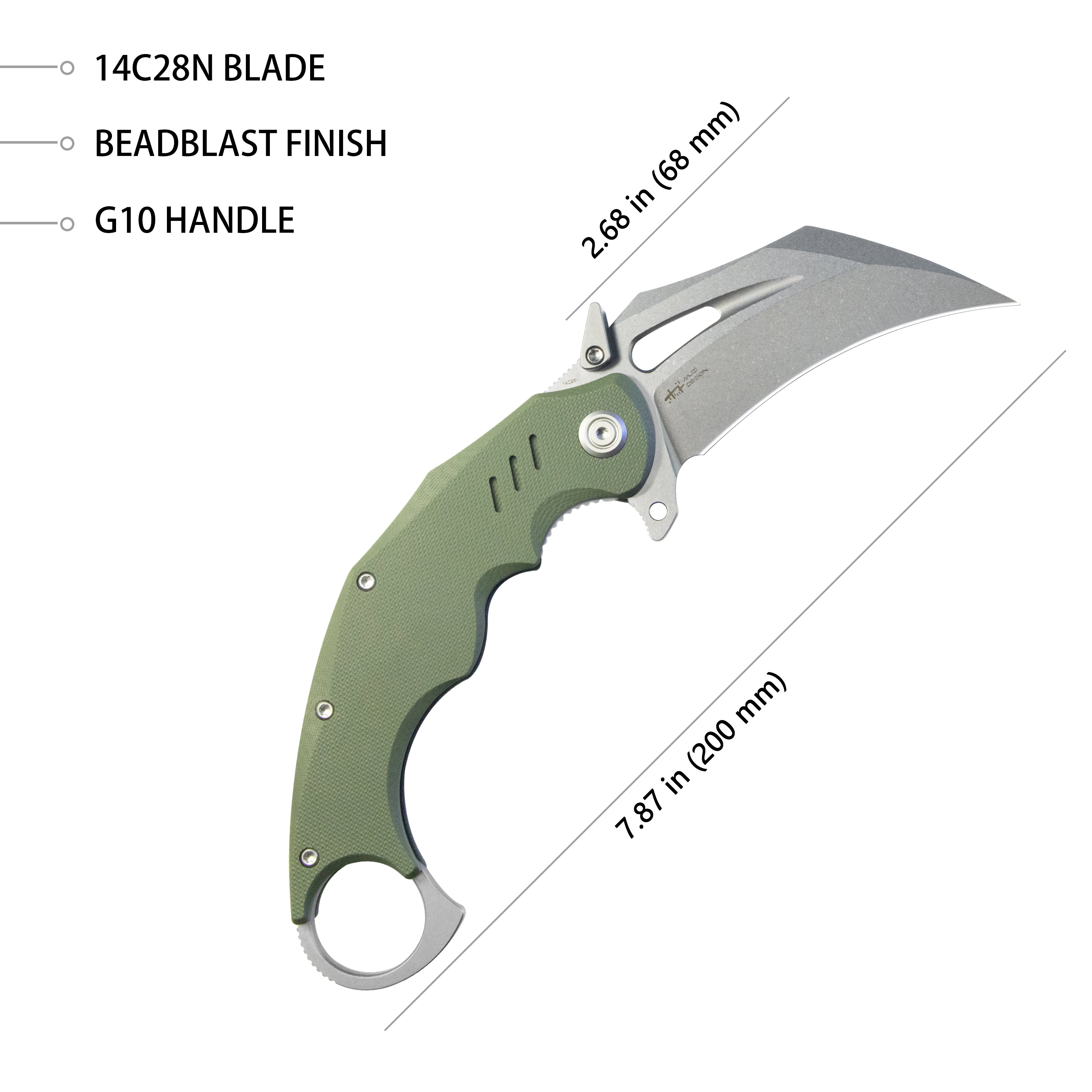 Kubey Wrath Karambit Folding Knife Green G-10 Handle 2.68" Beadblast 14C28N Blade KU261B