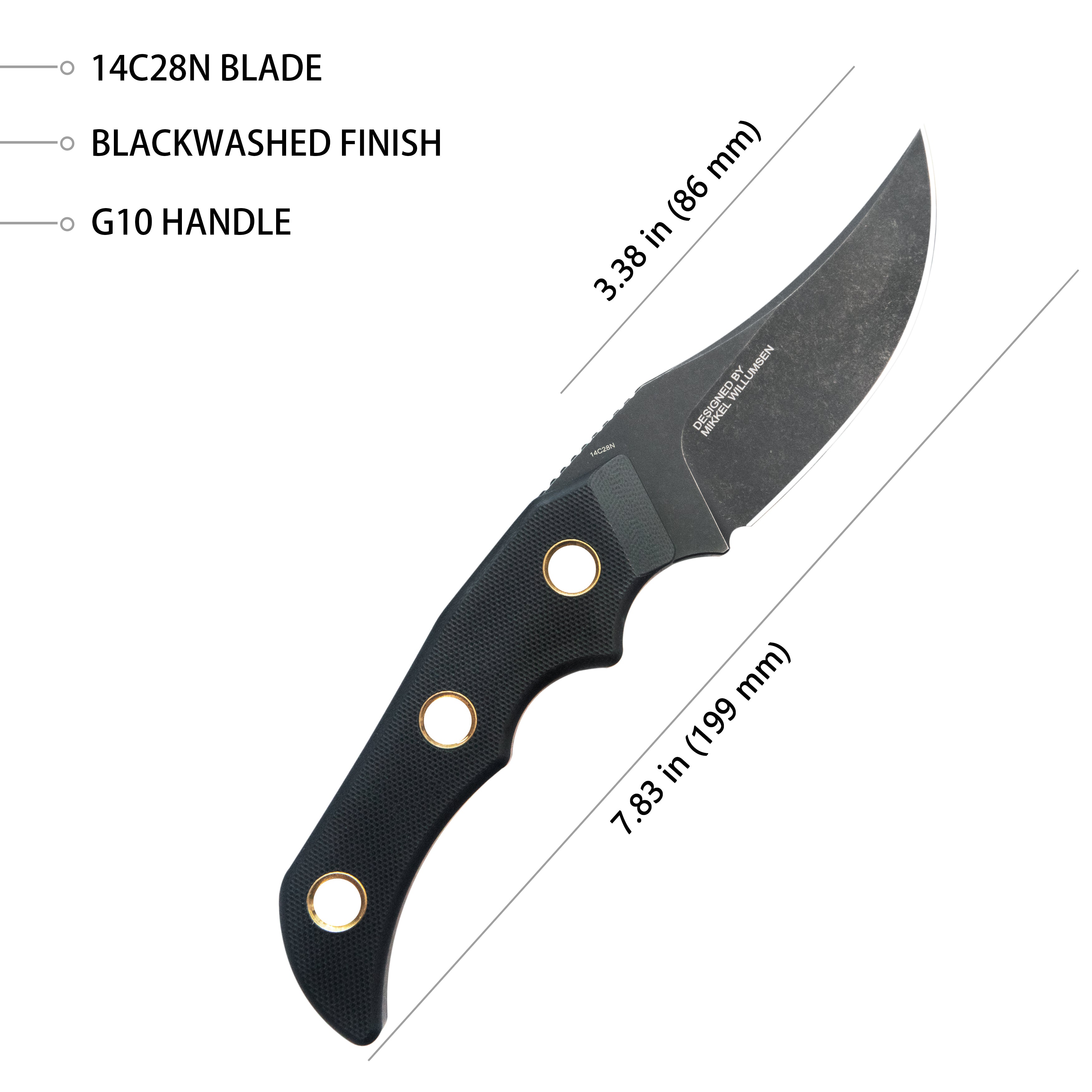 Mikkel Willumsen Design Blade Hunter Clip Point EDC Fixed Blade Knife Black G10 Handle 3.38" Blackwash 14C28N KU375B