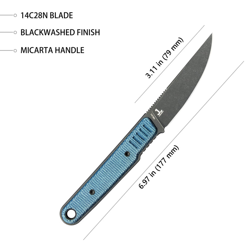 JL Kwaiken Fixie Everyday Carry Fixed Blade Knife Blue Micarta Handle 3.11" Blackwash 14C28N KU355B