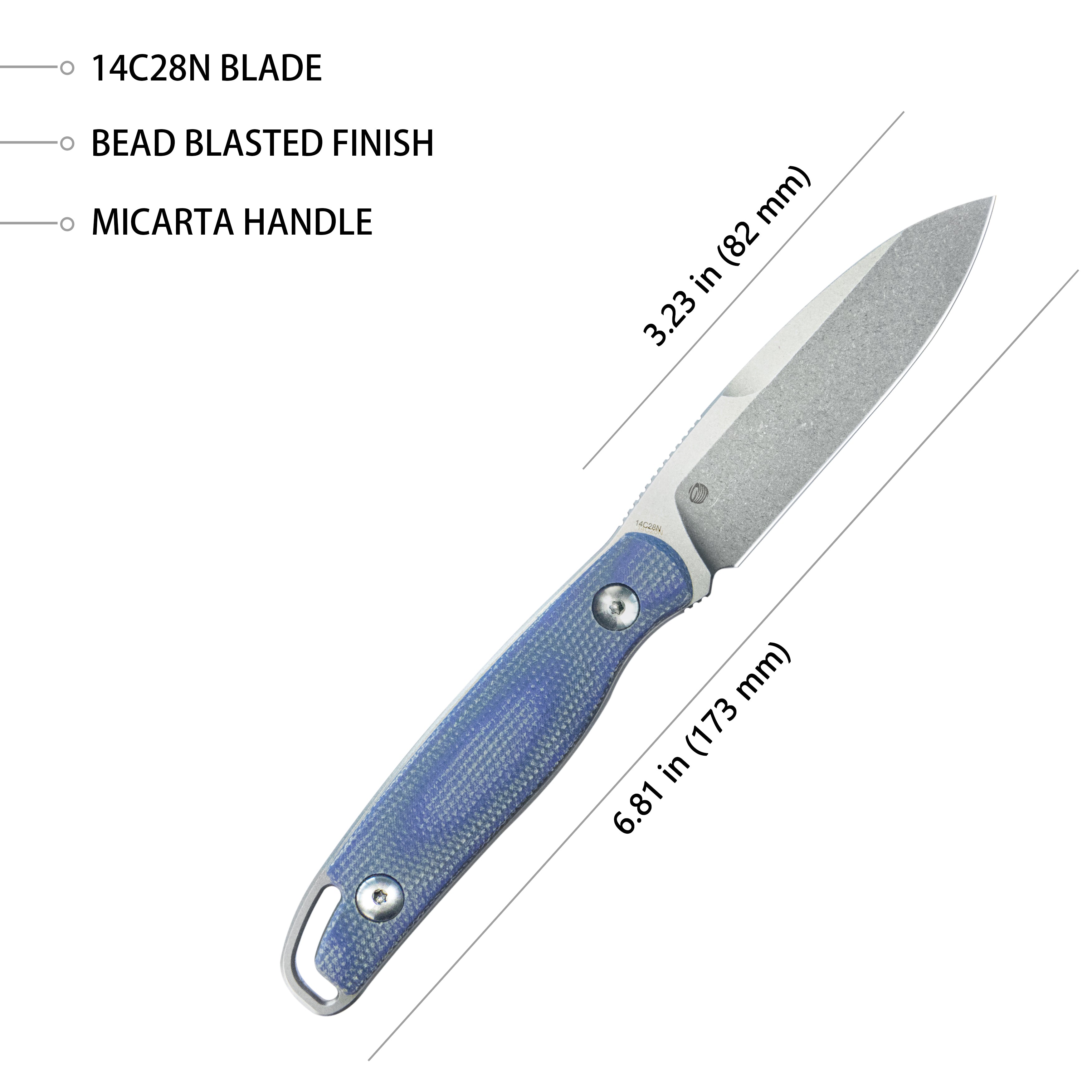 Kubey Dust Devil Utility Knife Fixed Blade Knives Blue Micarta 3.23'' Beadblast 14C28N KU357D