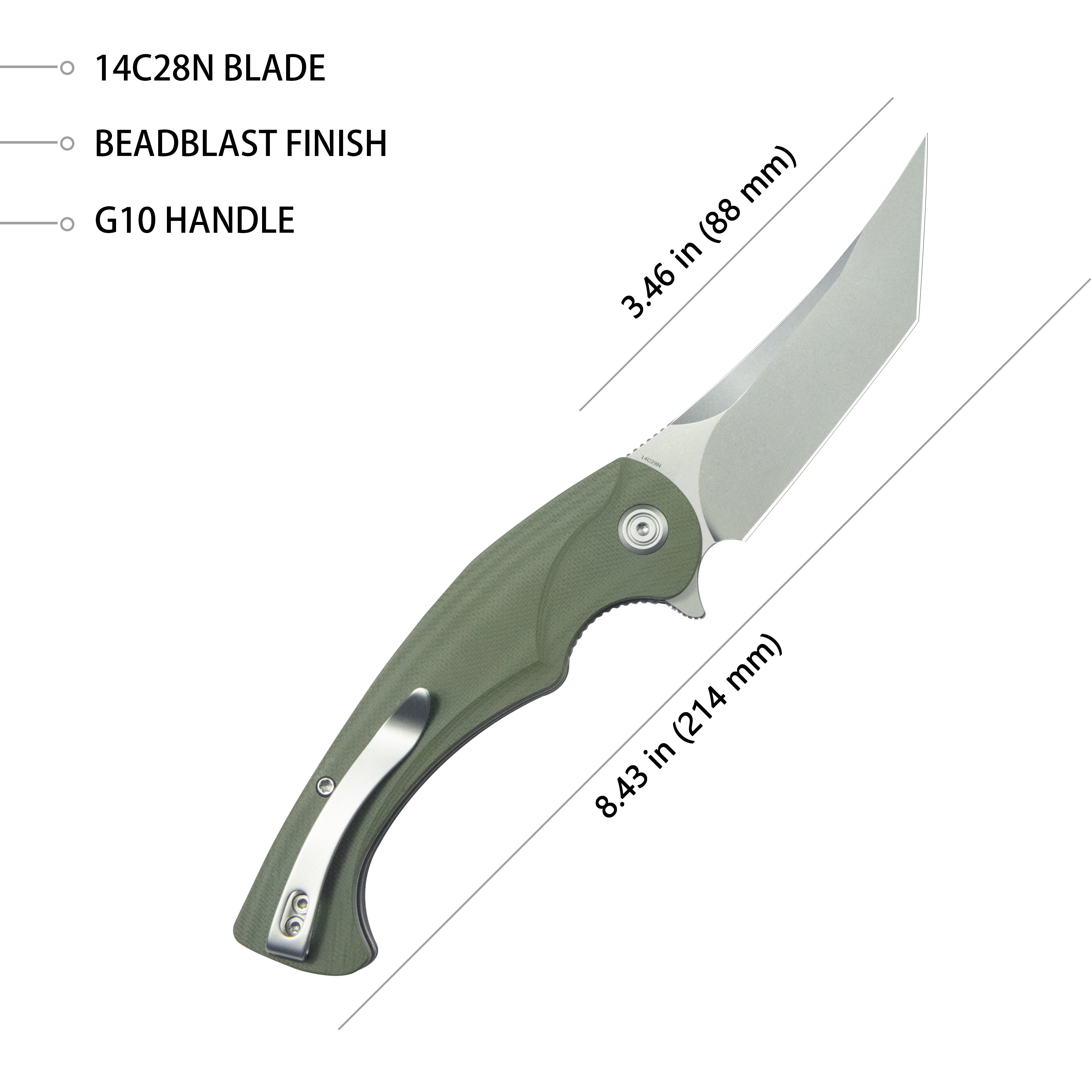 Kubey Scimitar Tanto Liner Lock Hunting Folding Knife Green G10 Handle 3.46" Beadblast 14C28N KU175A